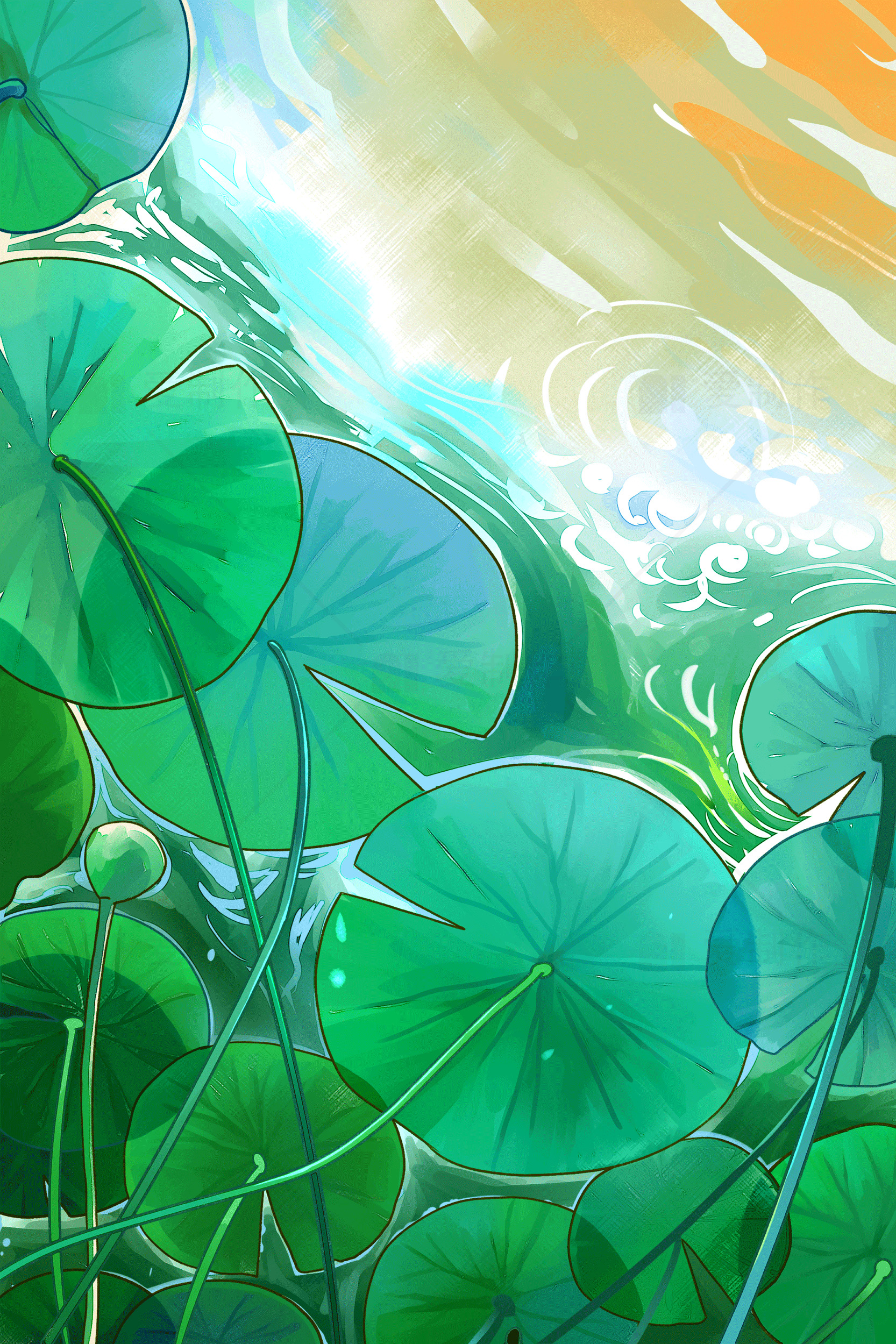 清新夏日荷叶插画背景素材
