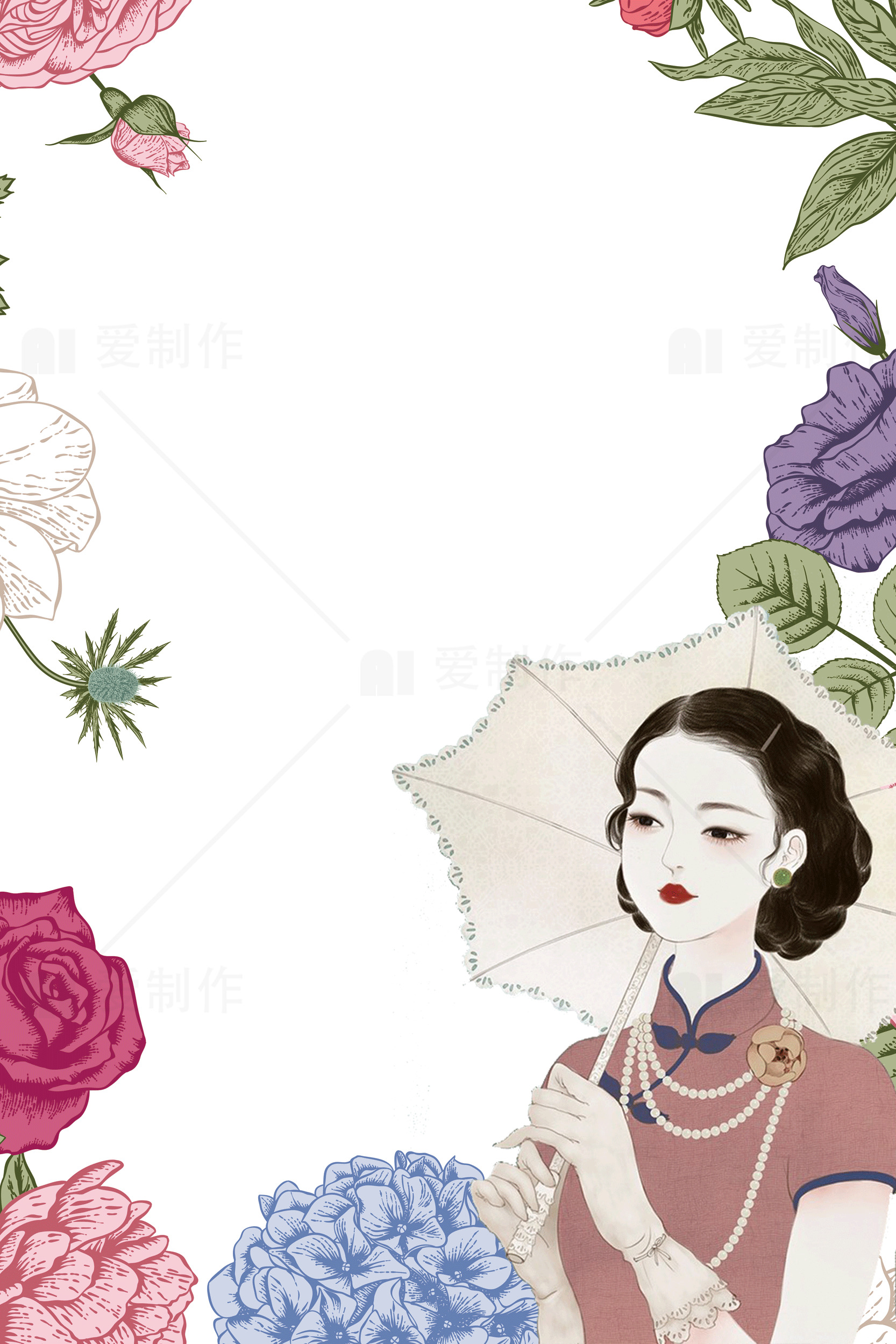 复古花卉插画背景与优雅女士素材