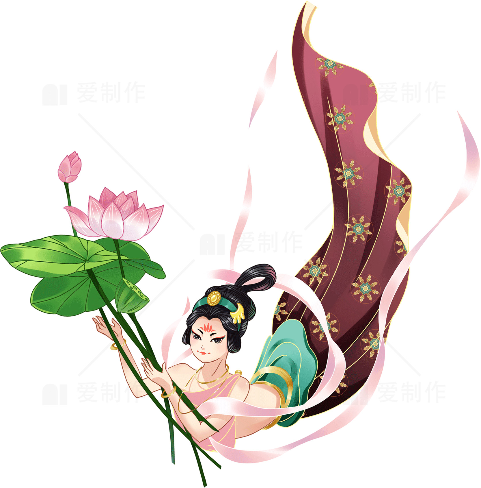 敦煌飞天艺术插画：莲花仙子素材