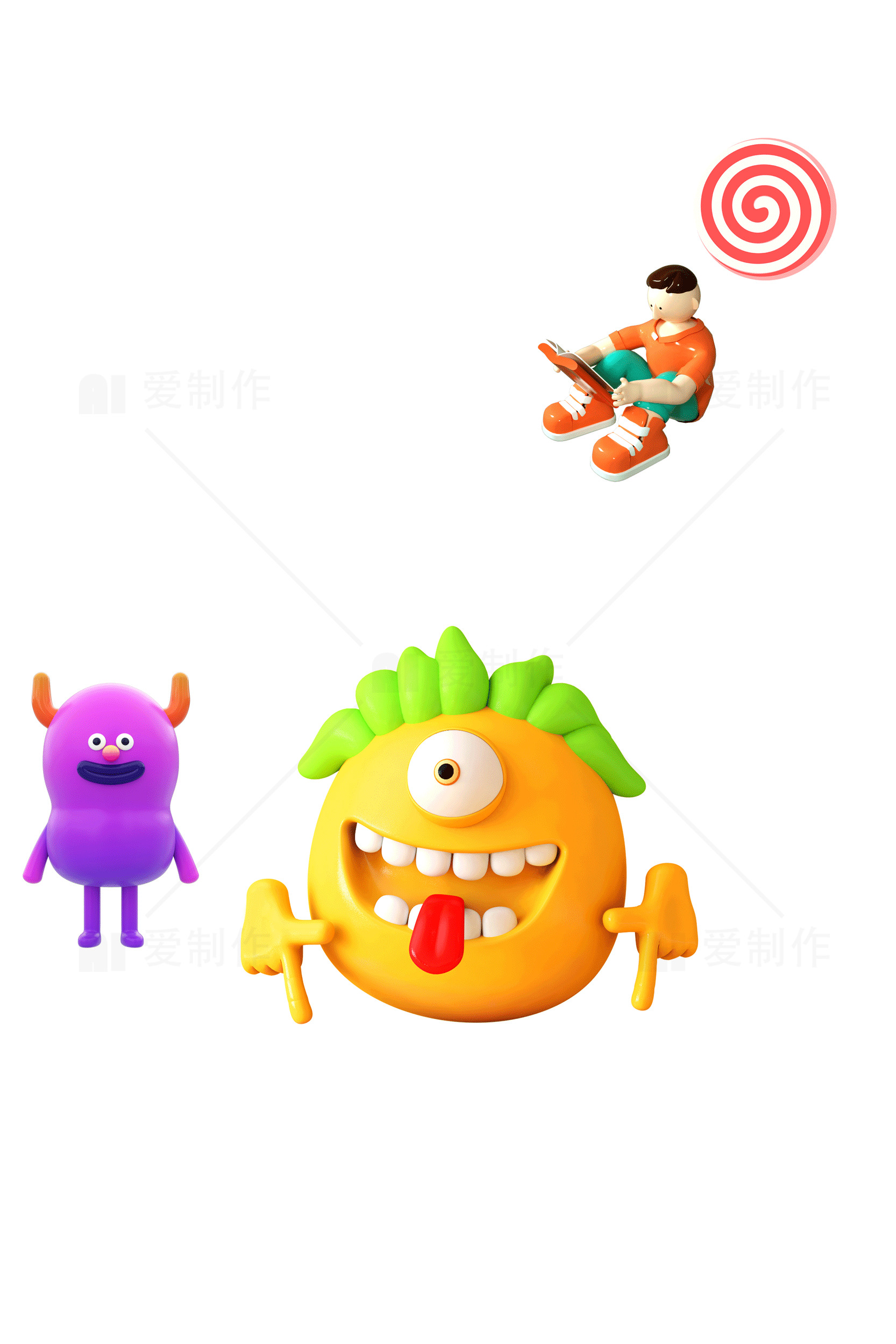 卡通怪物与男孩插画素材