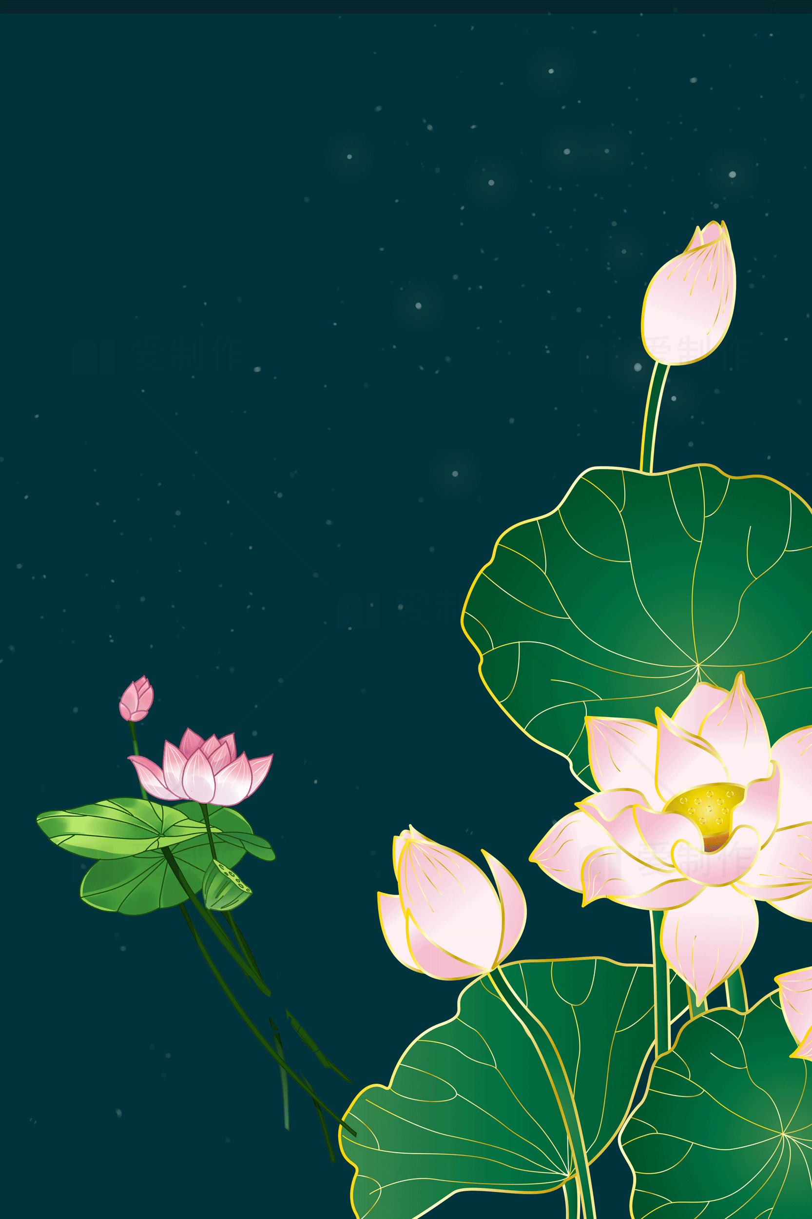 夜空下的荷花插画艺术作品素材