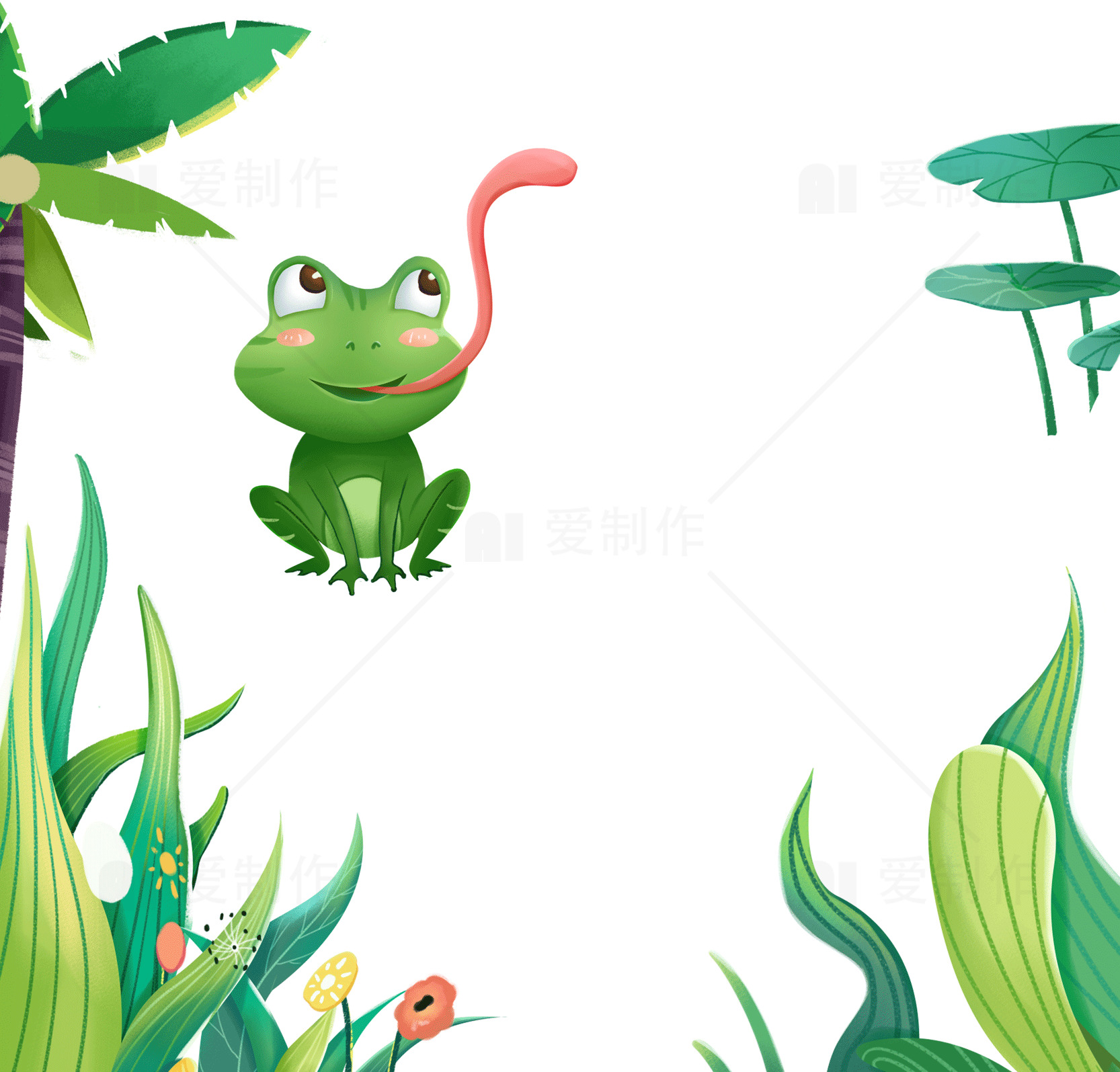 可爱青蛙与热带植物插画素材