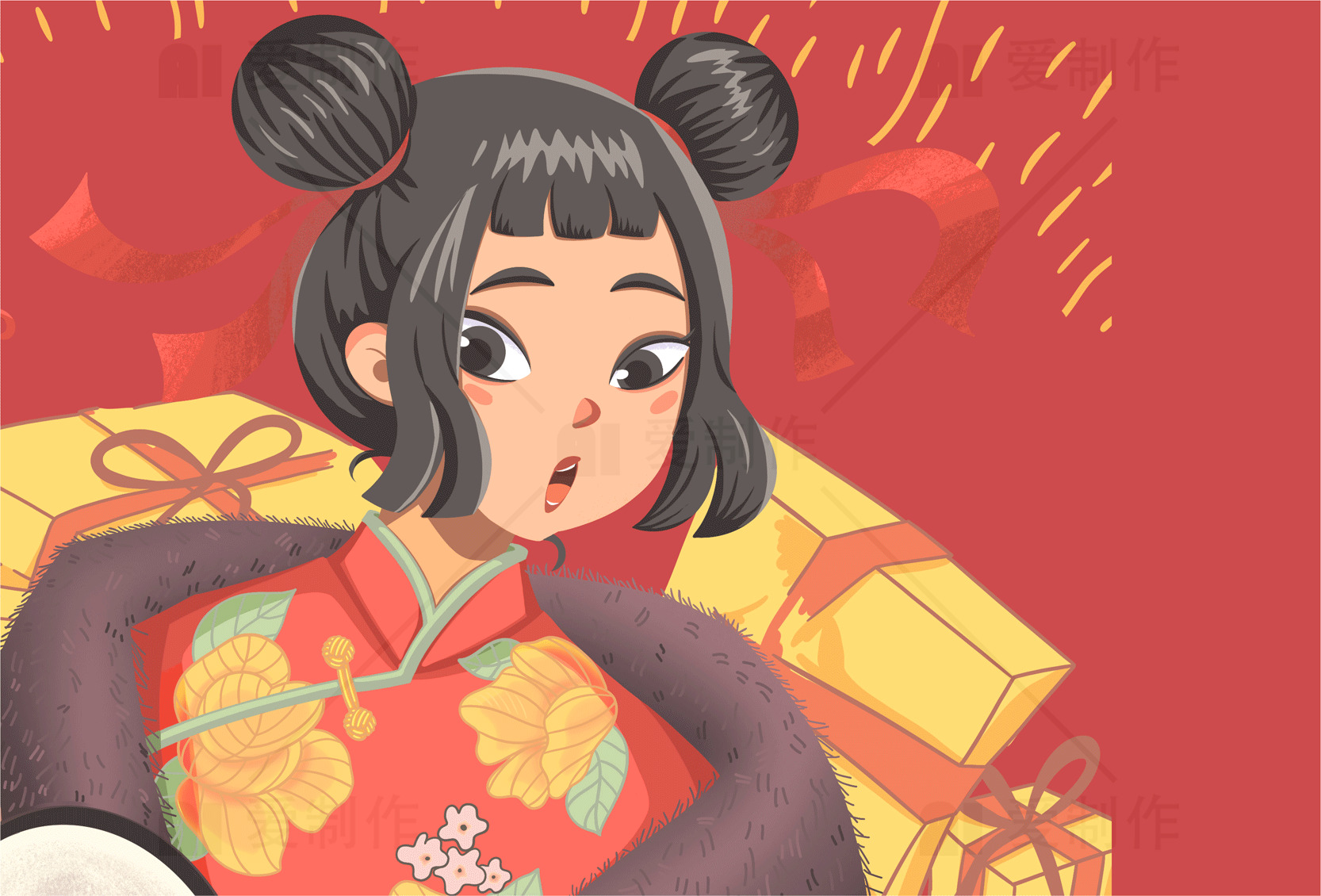 新年庆祝插画：传统服饰与礼物素材
