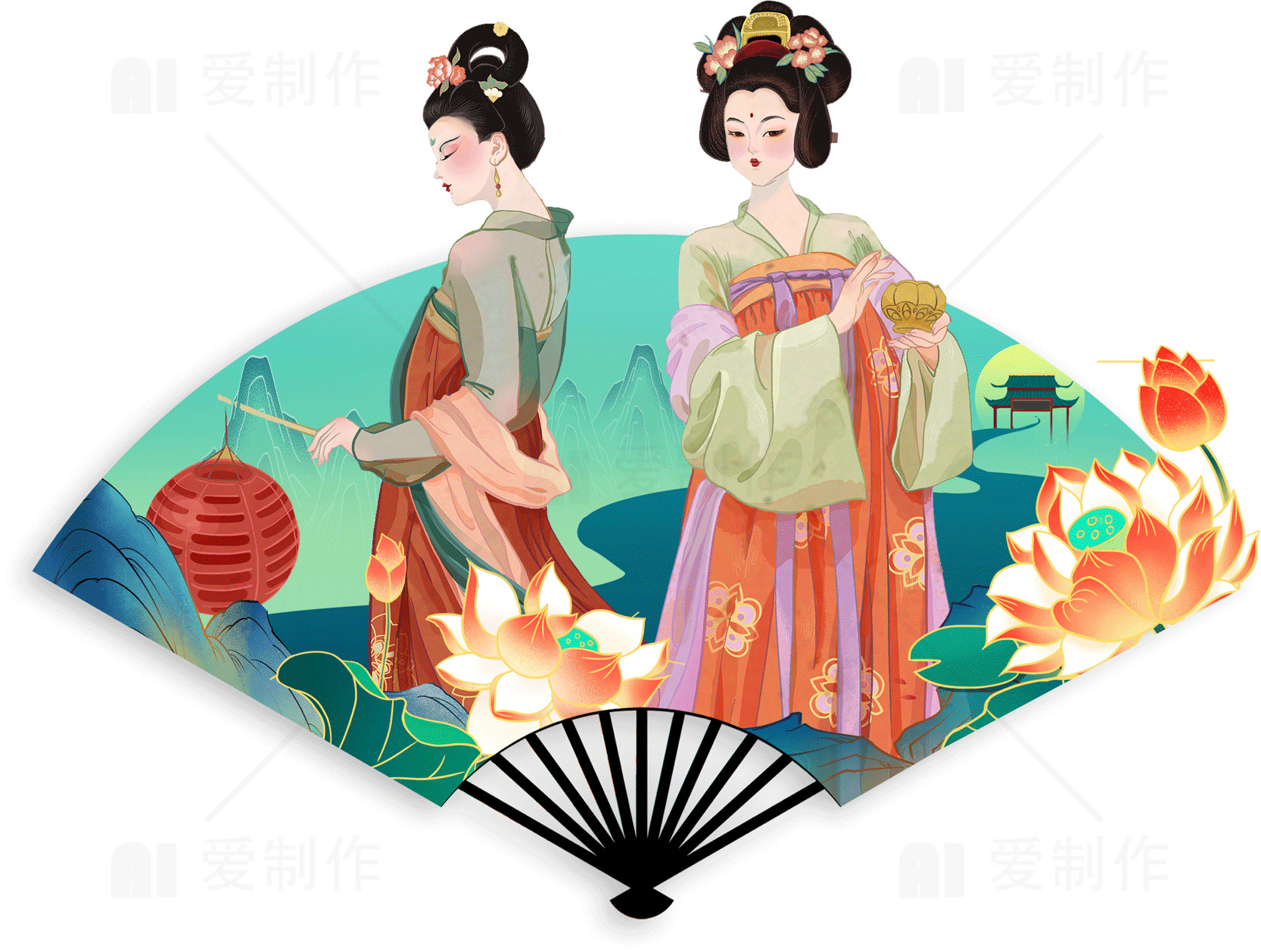古风插画中的传统美人扇面艺术素材