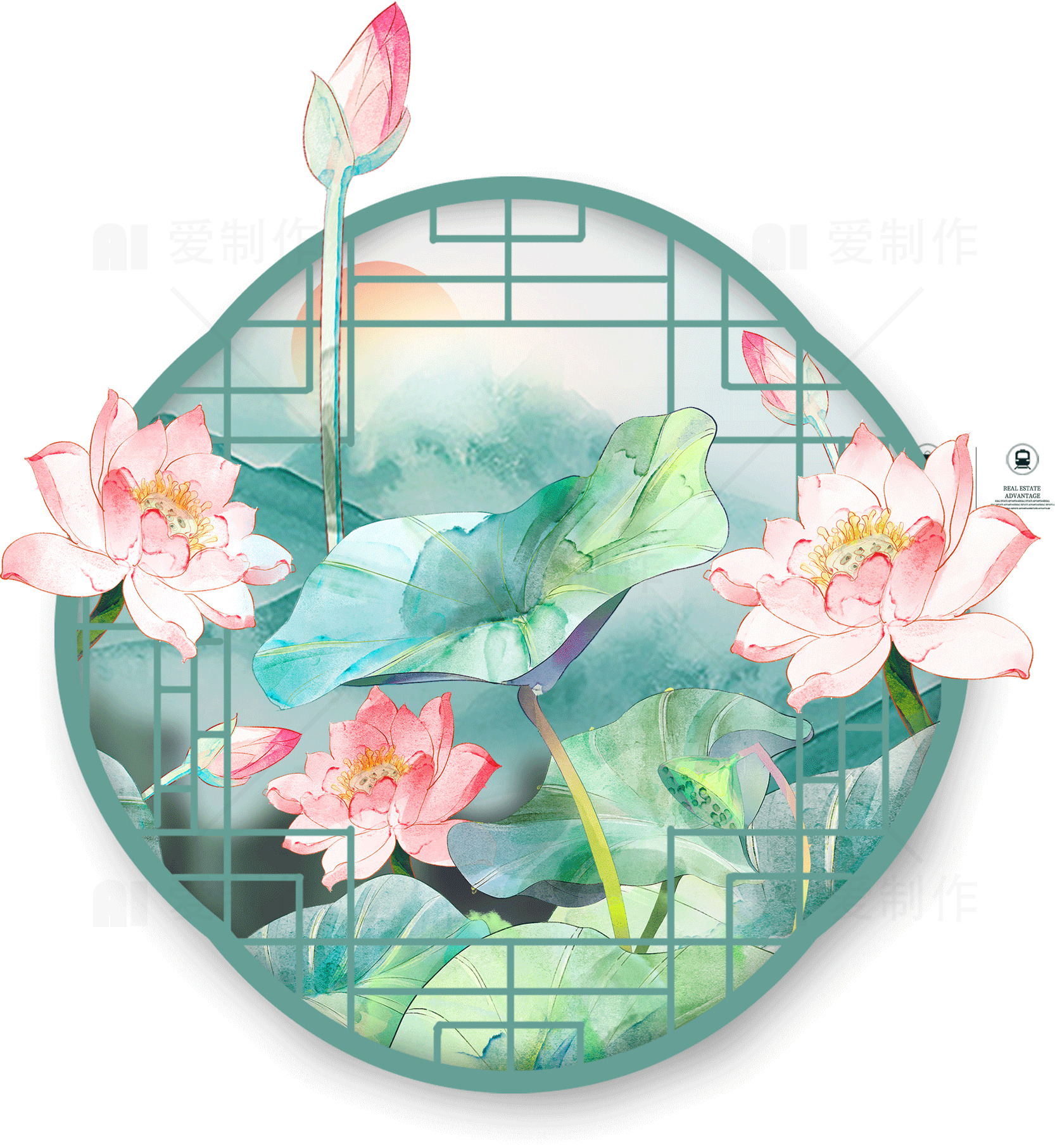 唯美荷花水彩画：东方艺术之美素材