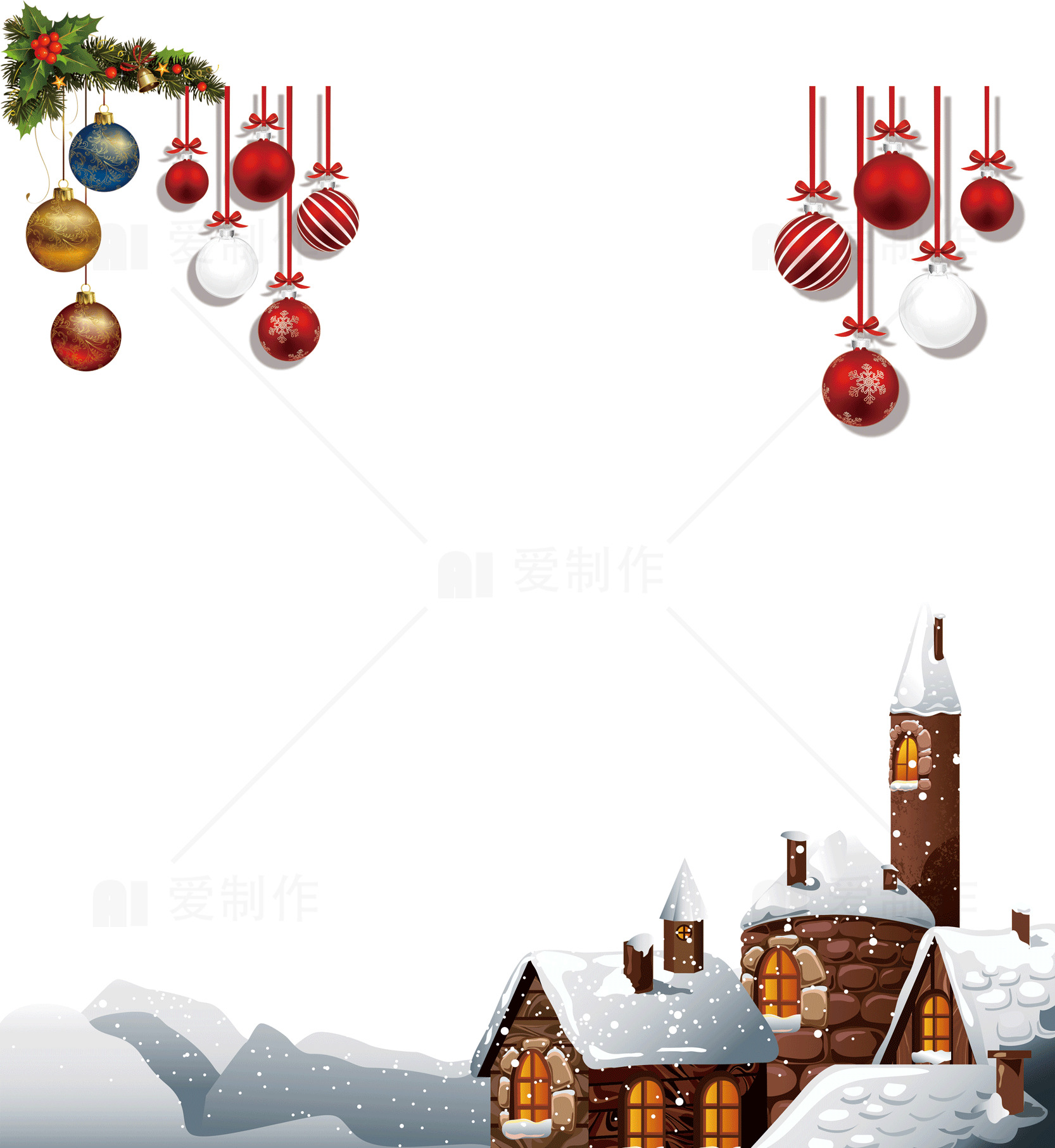 圣诞节雪景插画与装饰球设计素材