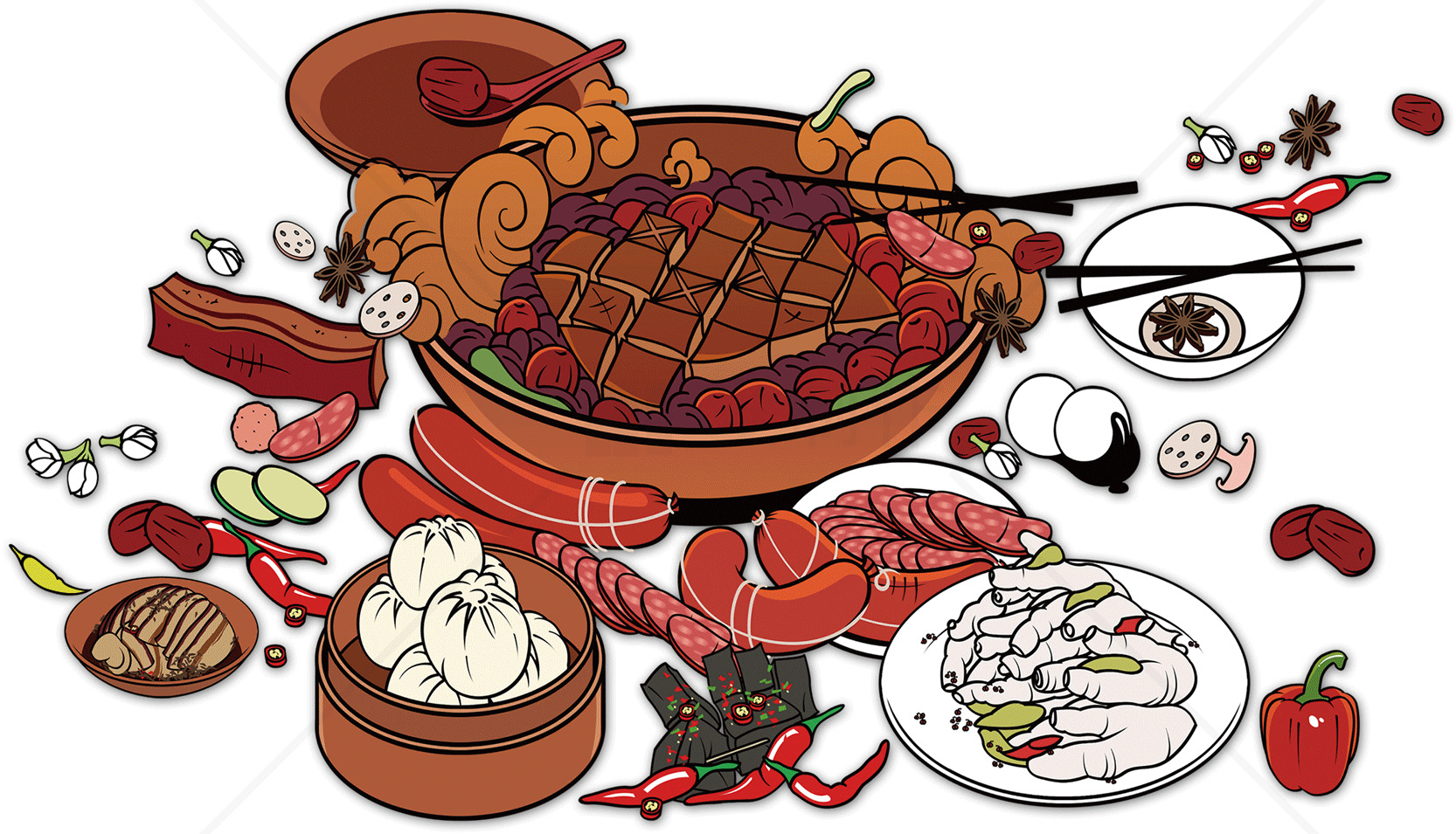 中式美食插画：火锅与点心素材