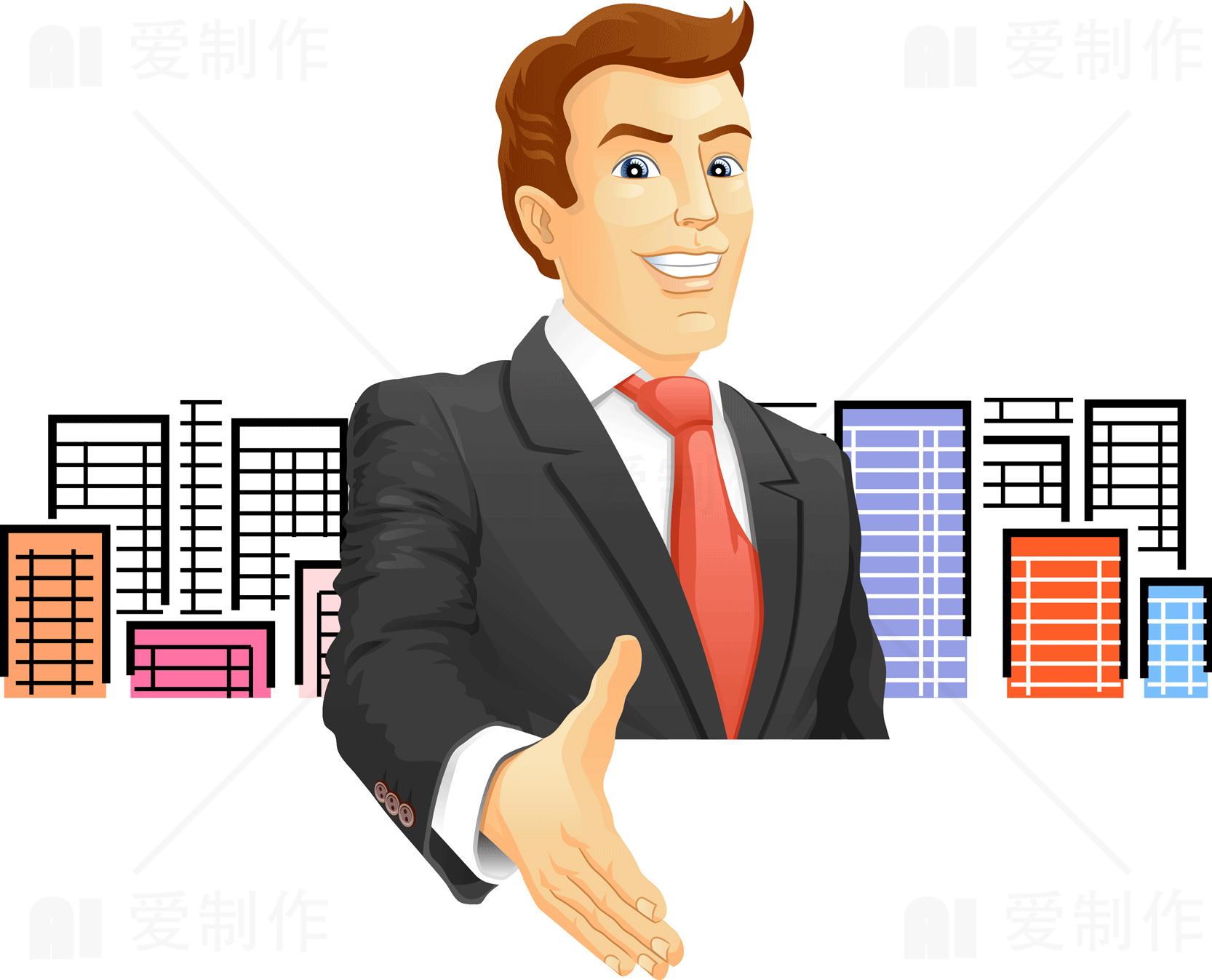 商务合作插画：握手与城市背景素材
