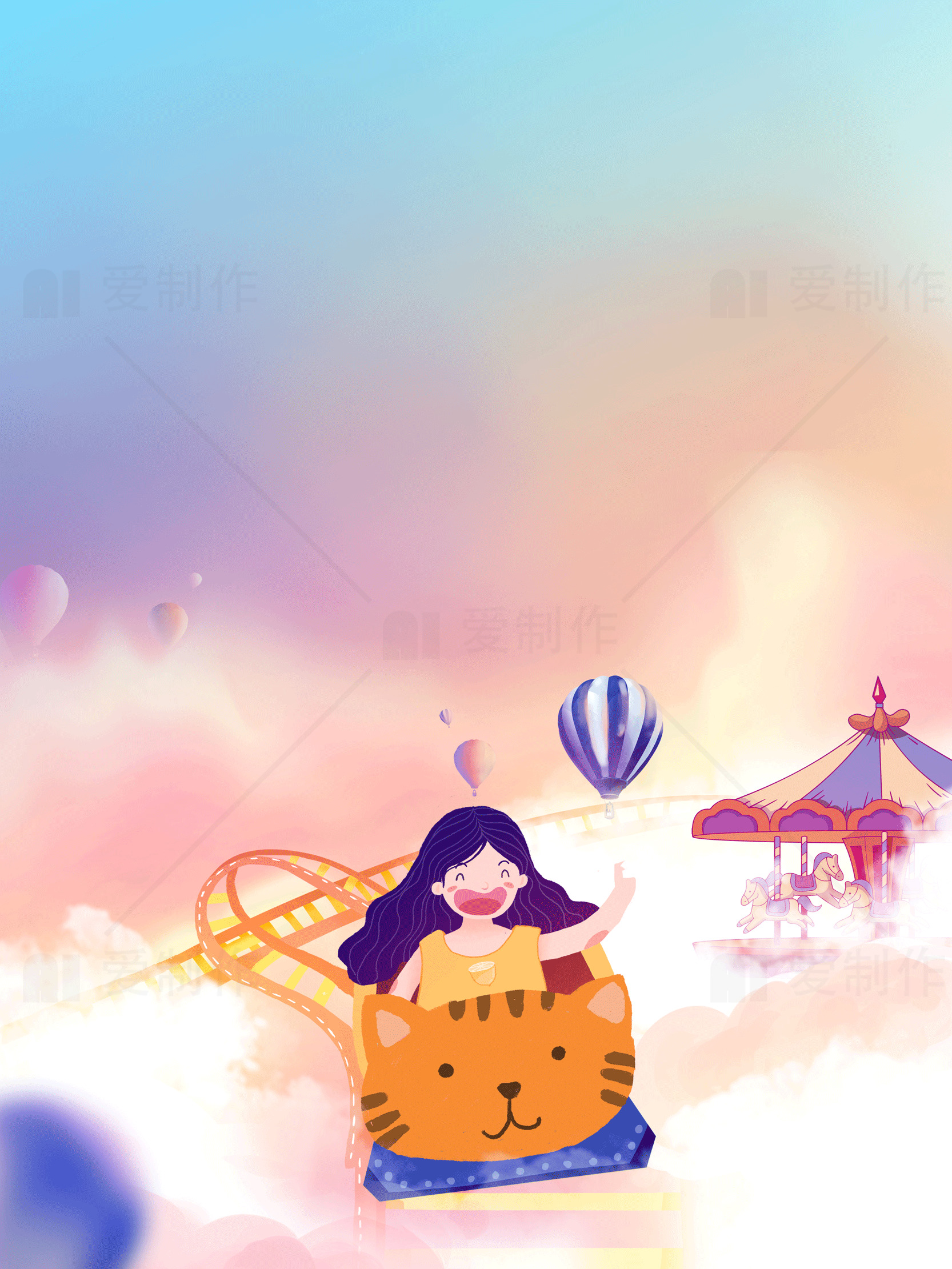 梦幻游乐园插画：女孩的奇幻旅程素材