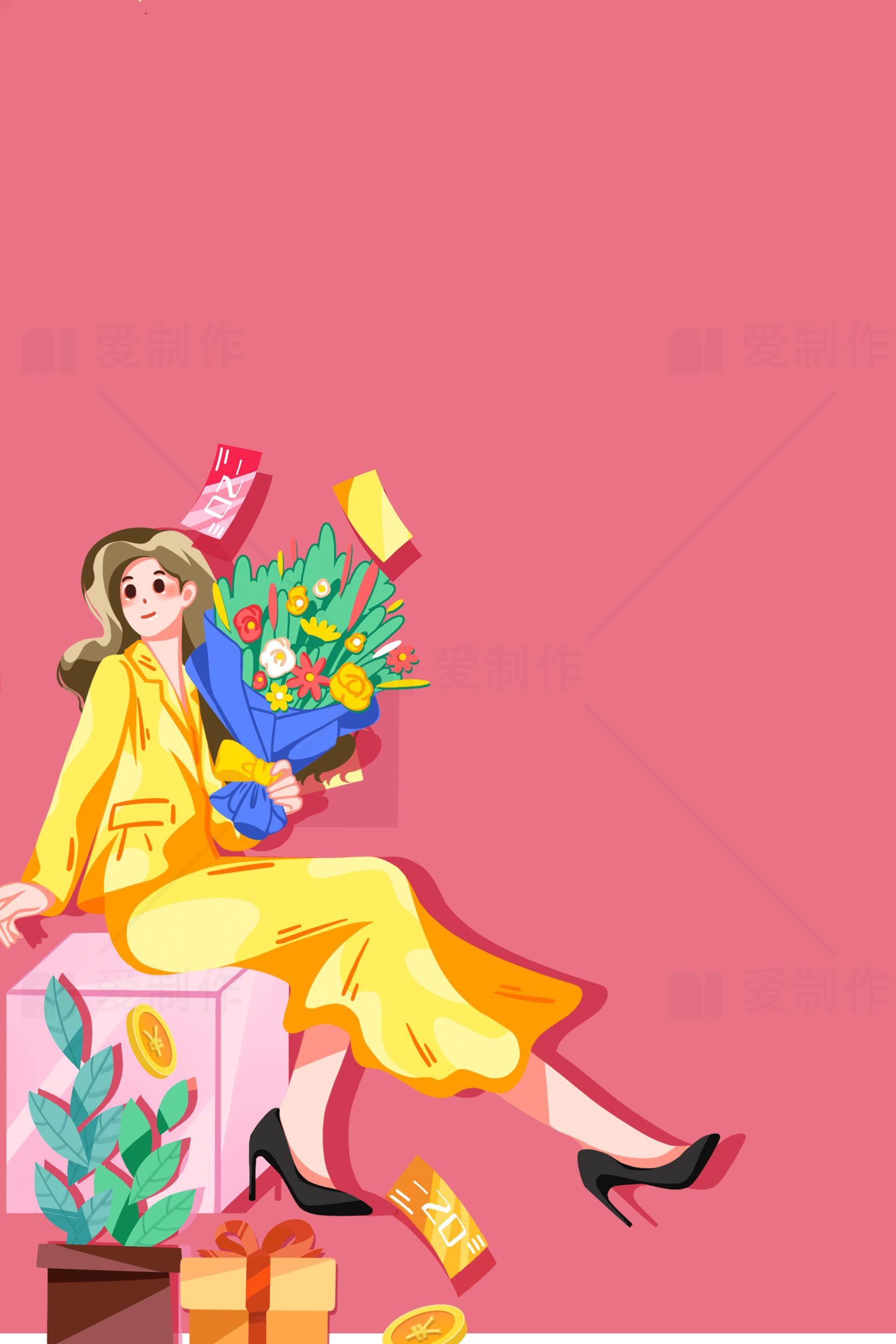 时尚女性插画：粉色背景与黄色服装的完美搭配素材