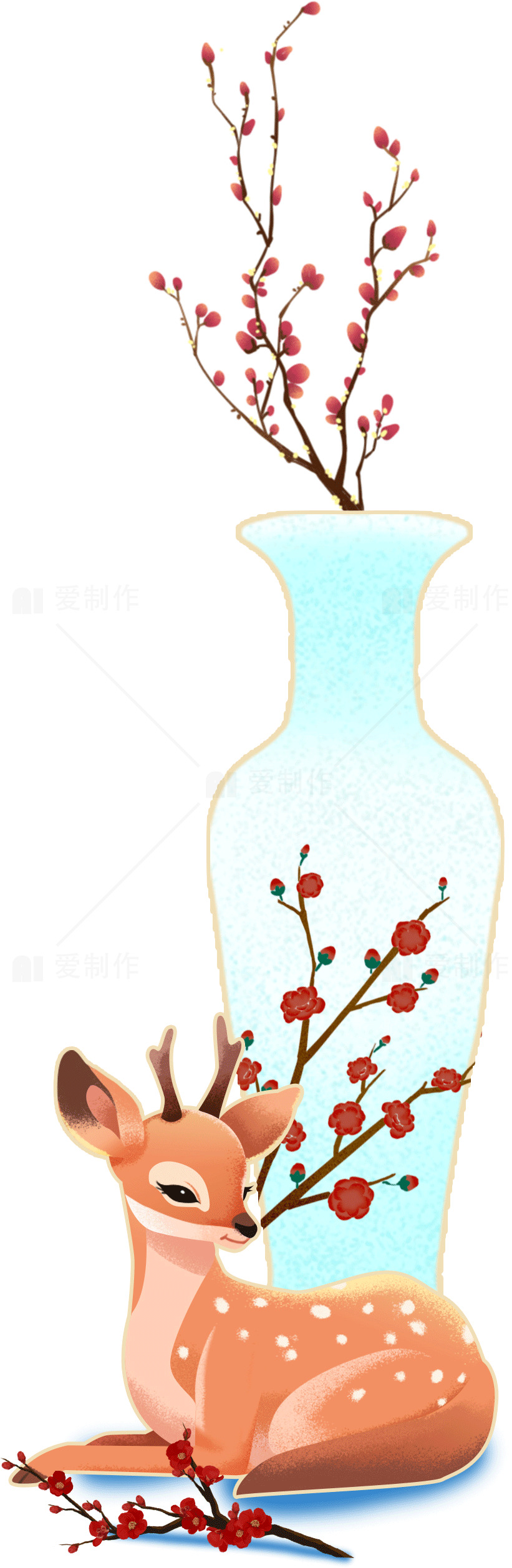 梅花与小鹿的唯美插画设计素材
