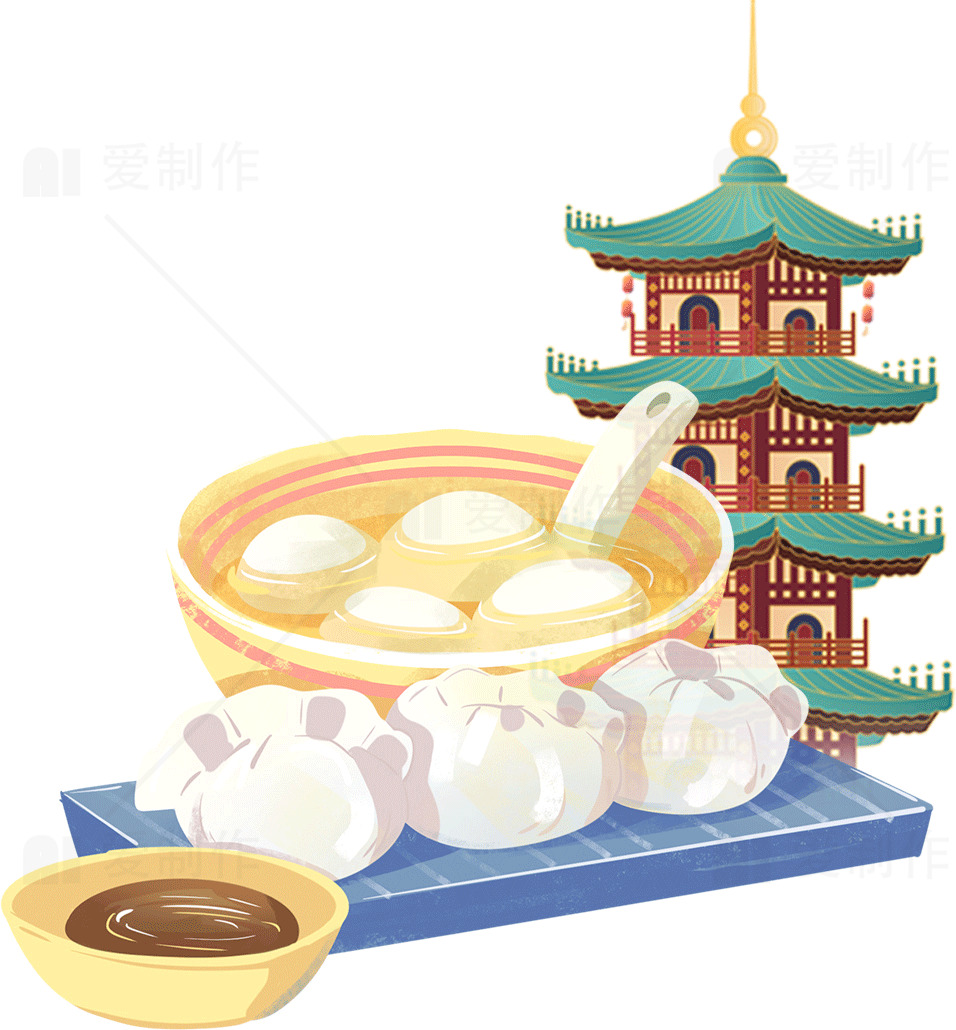 传统中式美食与建筑插画素材
