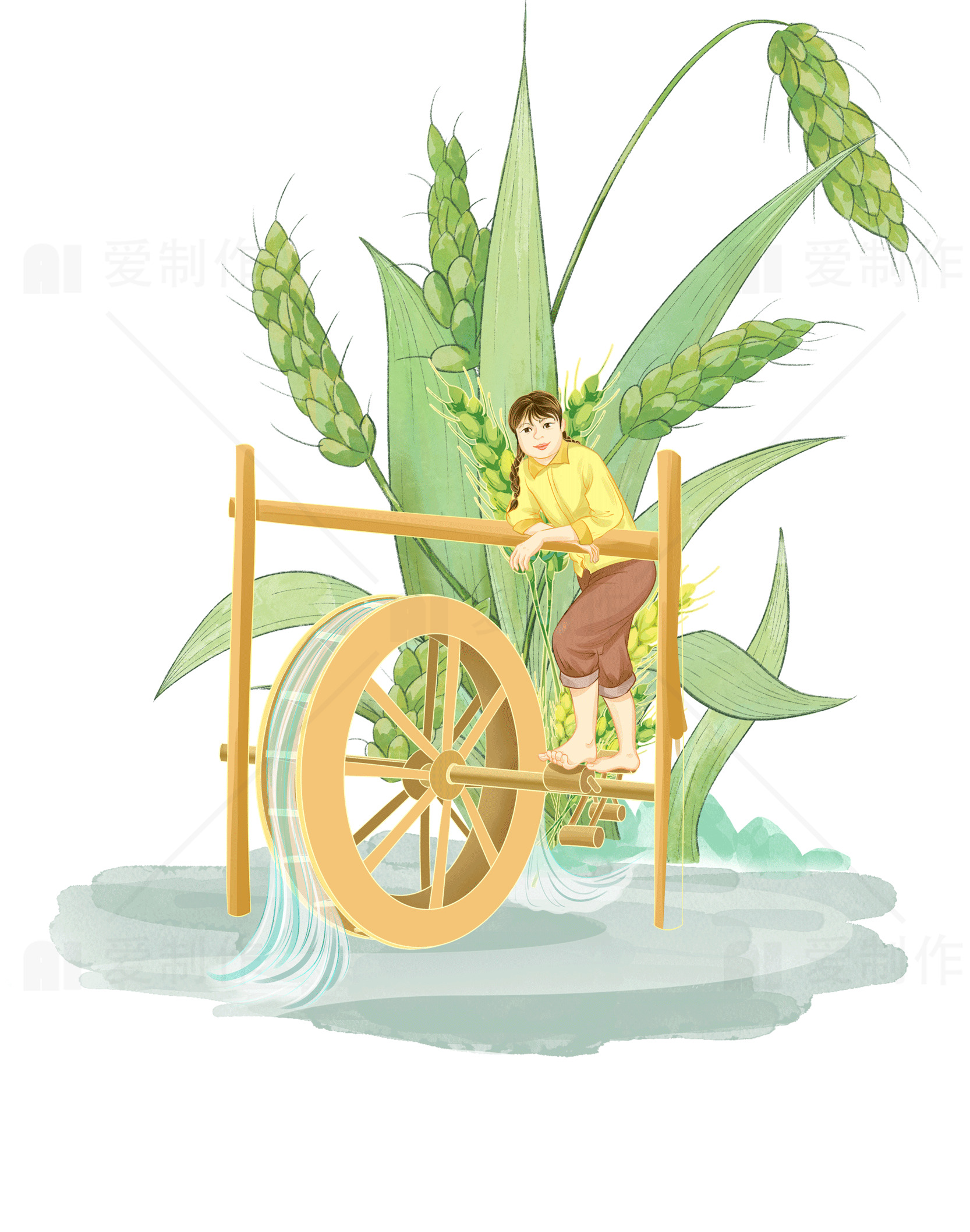 田园风光中的水车与儿童插画素材