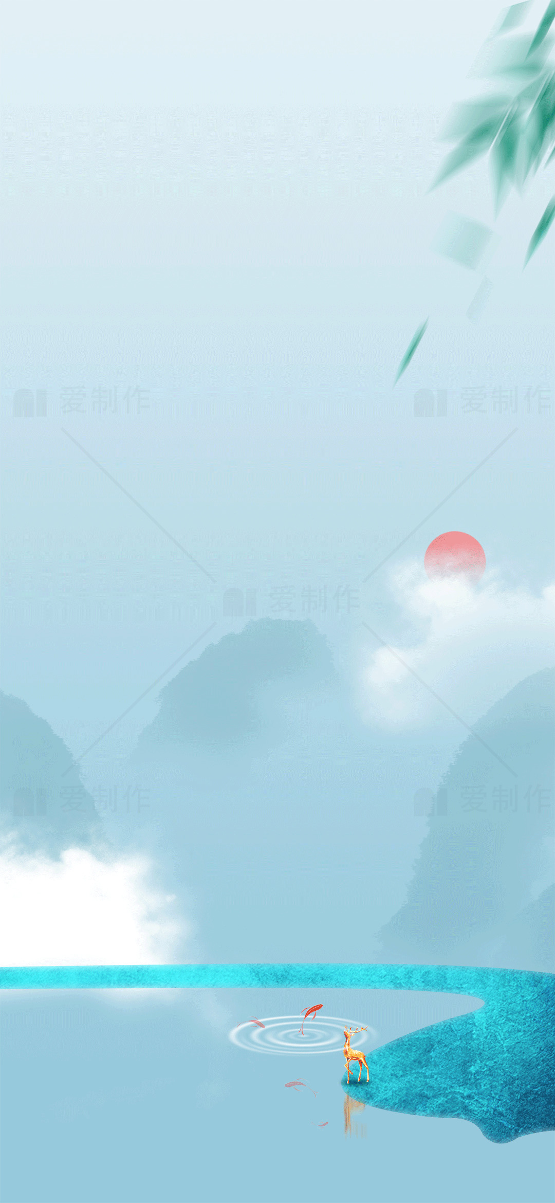 唯美山水画：宁静的湖泊与日出素材