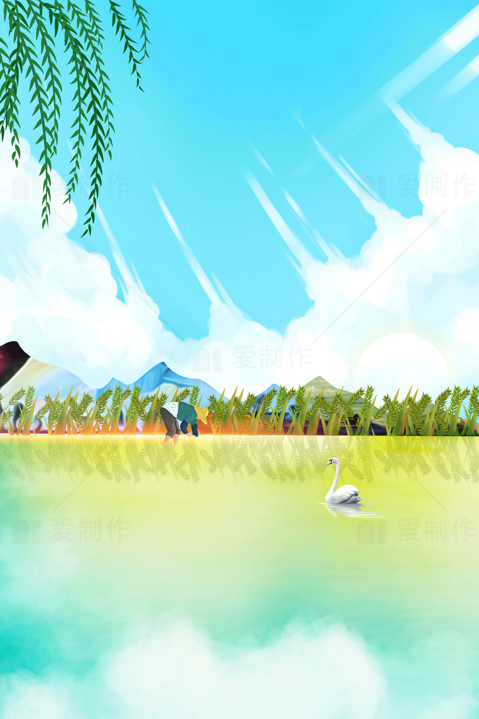 宁静湖畔的天鹅与自然风光插画素材