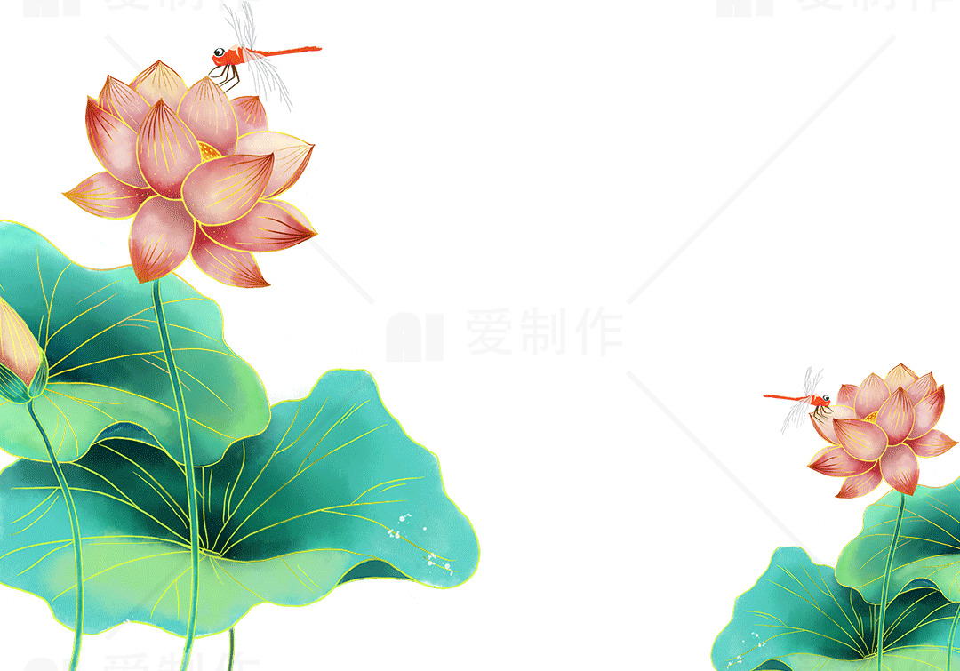唯美插画：蜻蜓与荷花素材