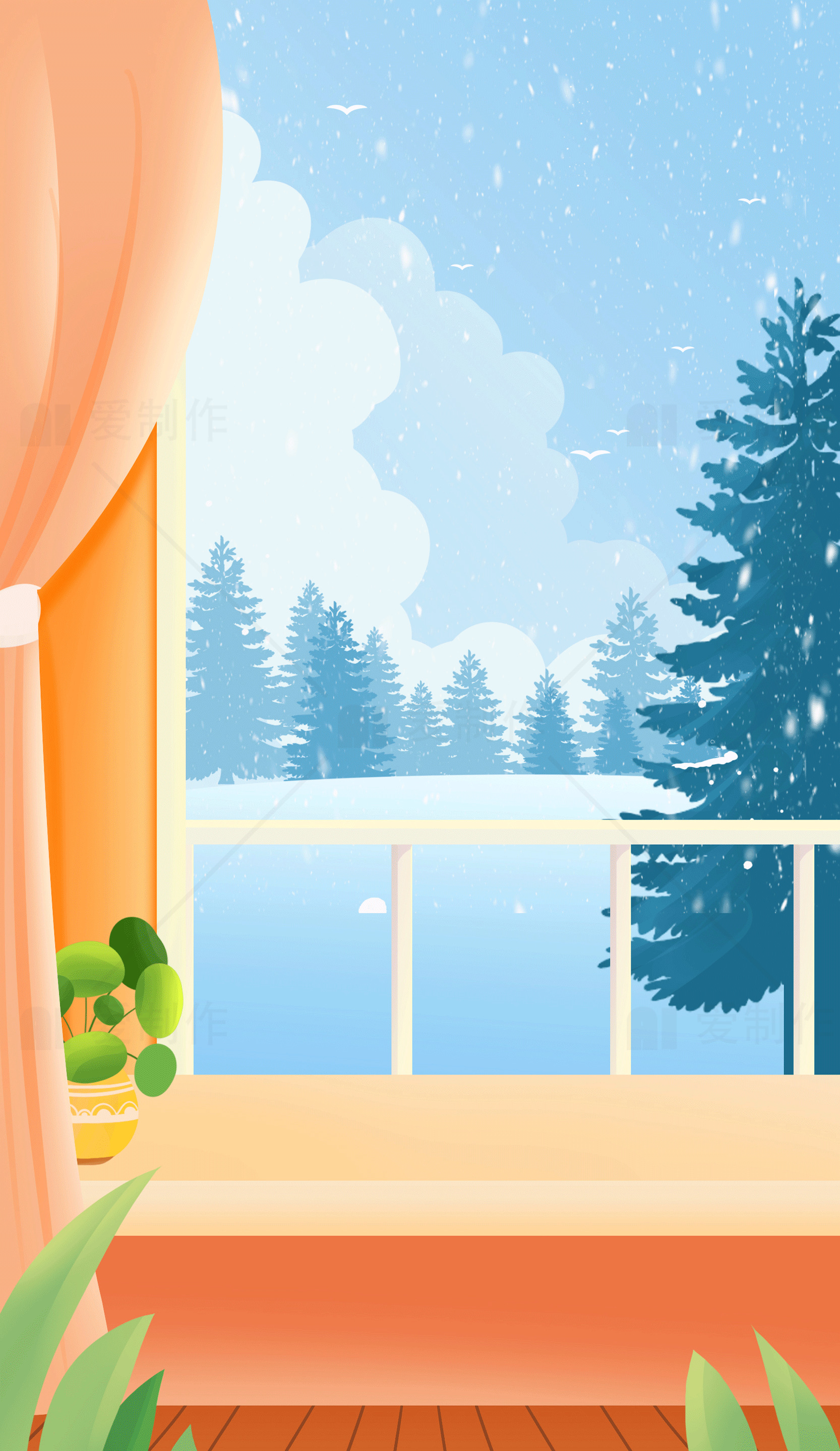 冬季窗外雪景插画素材