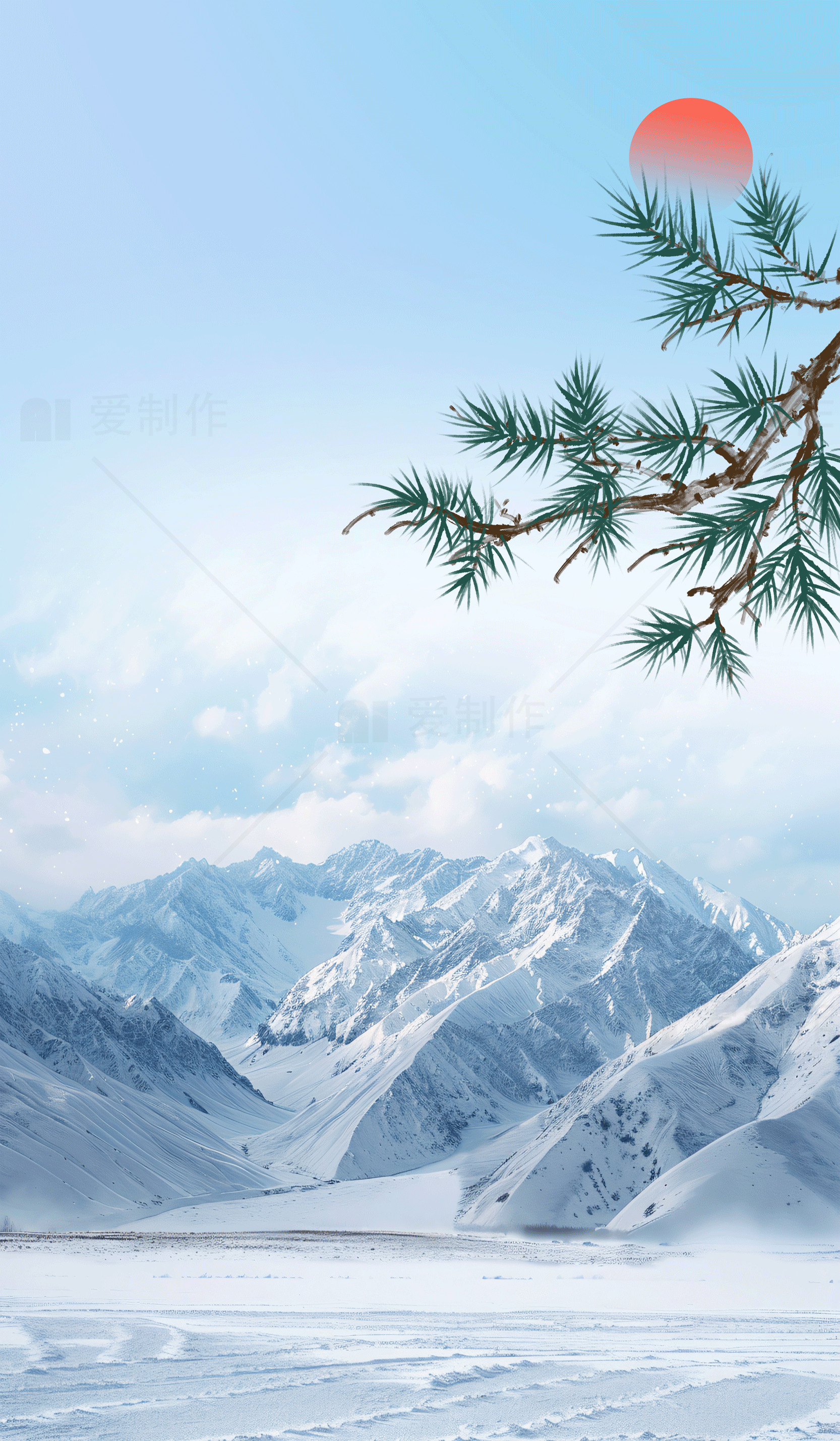 冬日雪山风光与松树剪影素材