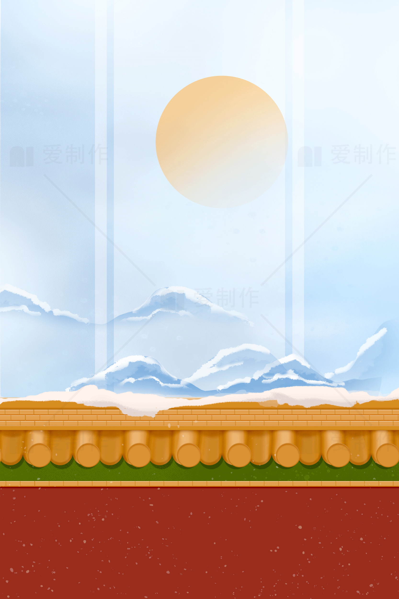 中国传统建筑与自然风光插画素材