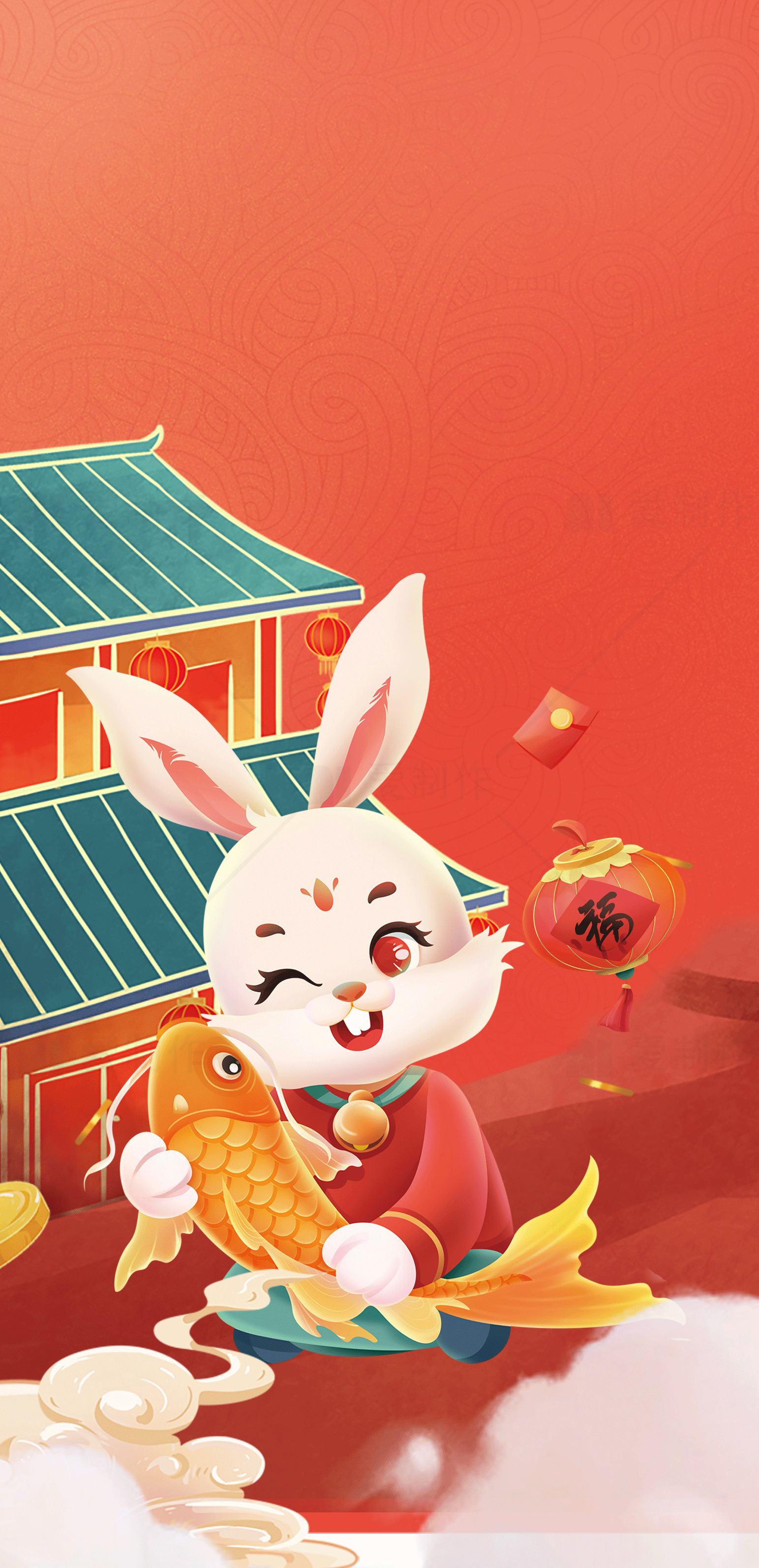兔年春节插画：吉祥兔与金鱼素材