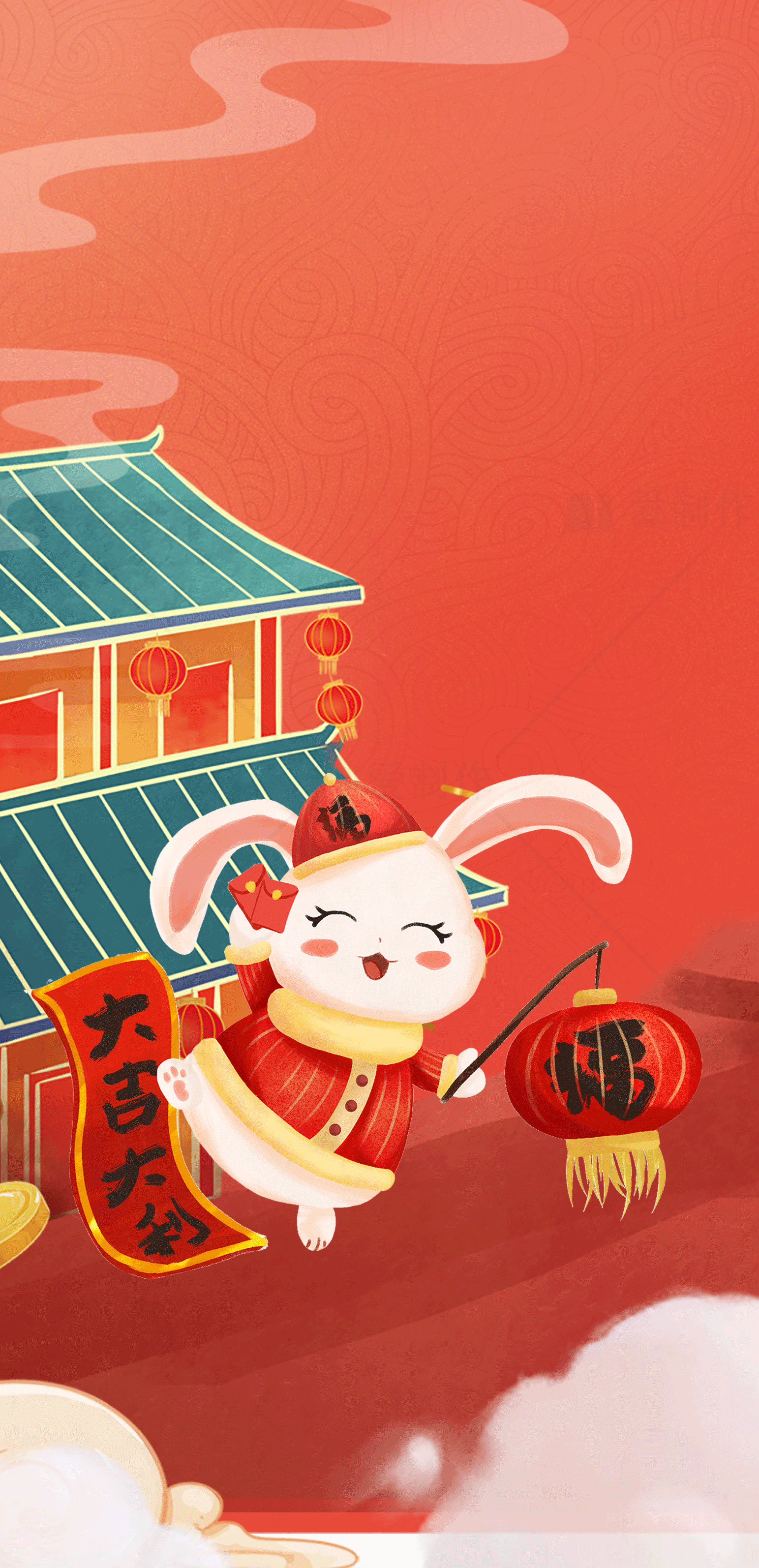 兔年春节插画：喜庆的兔子与灯笼素材