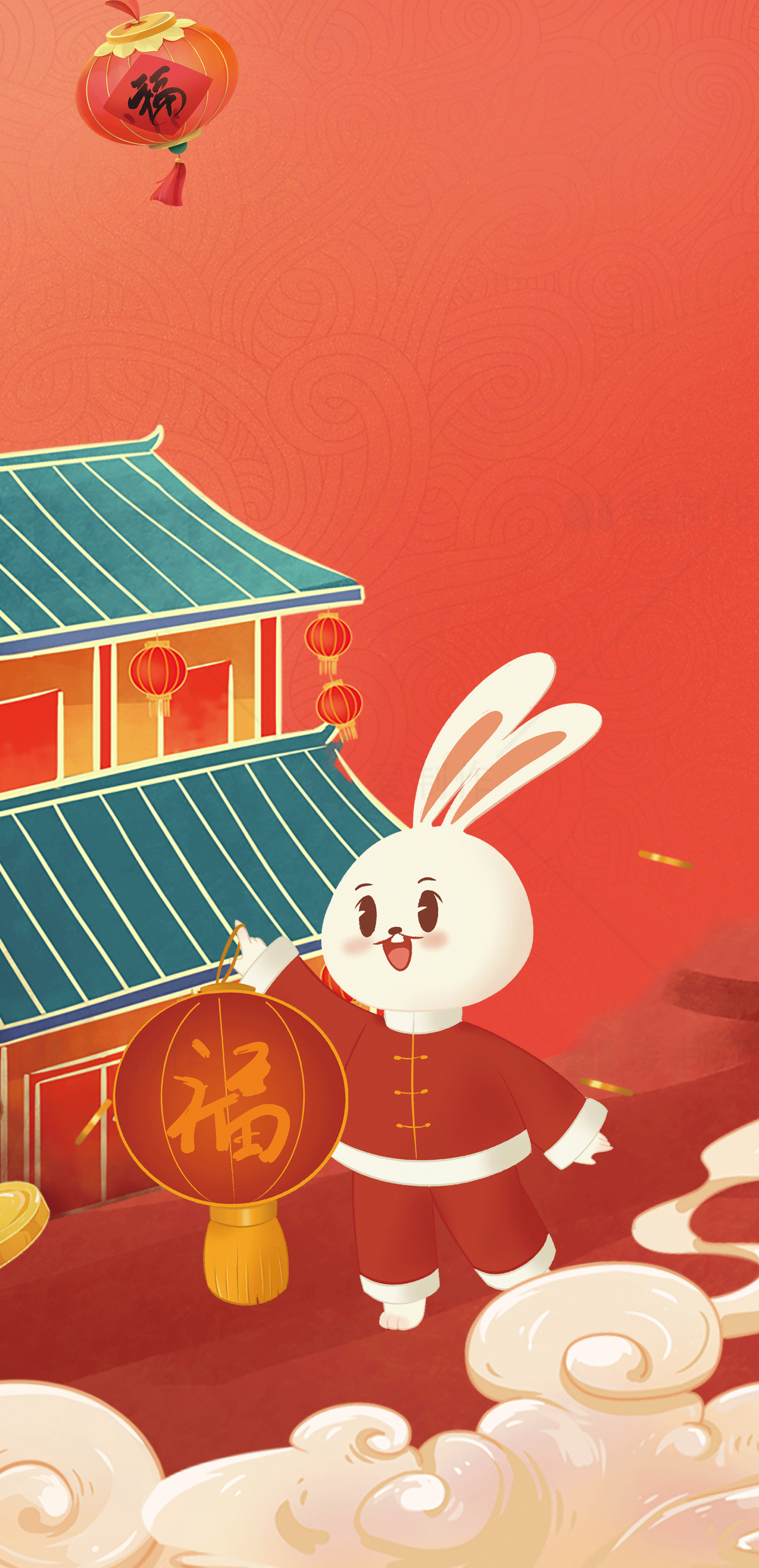 兔年春节插画：可爱兔子与灯笼素材