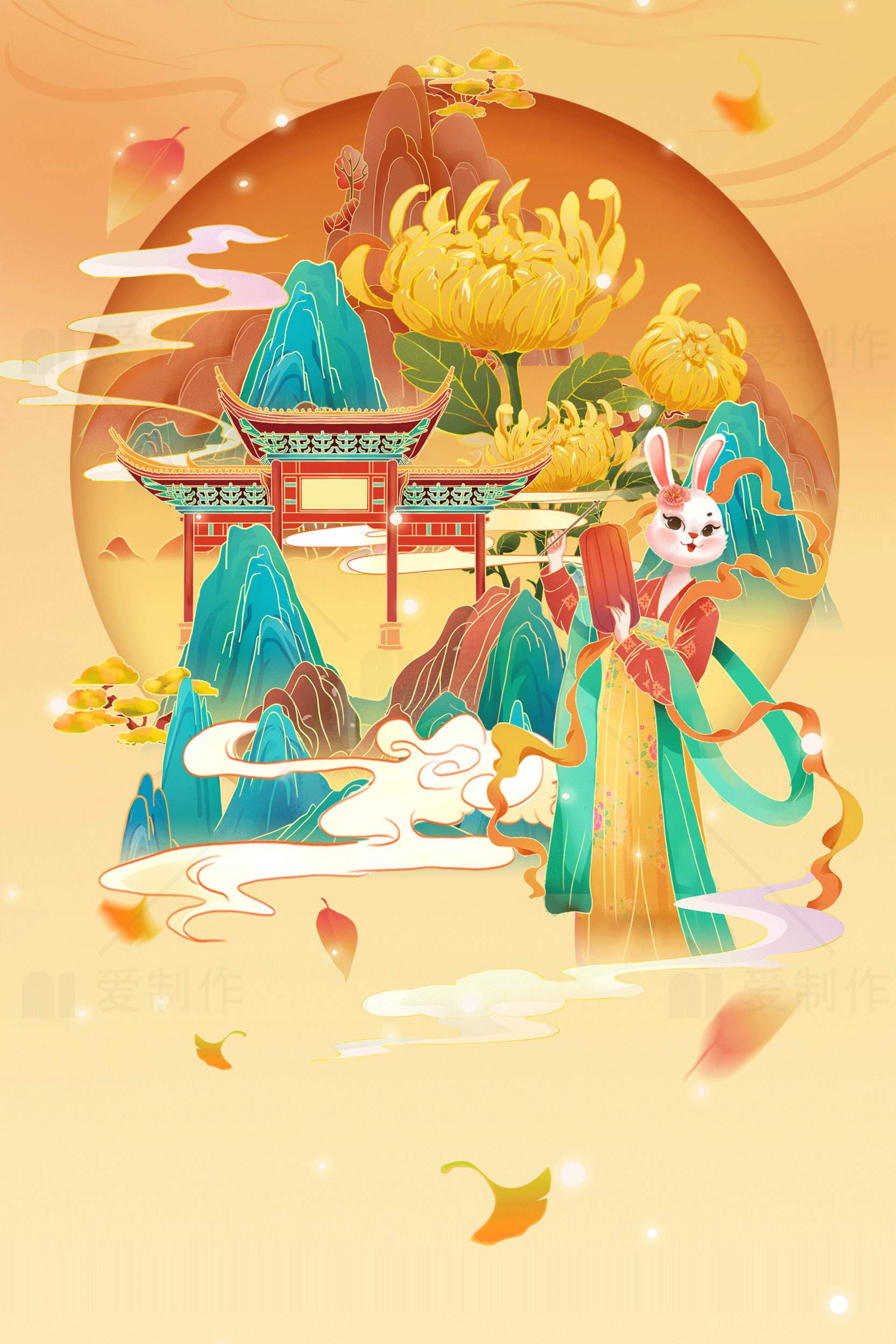 中秋节传统插画：玉兔与秋景素材