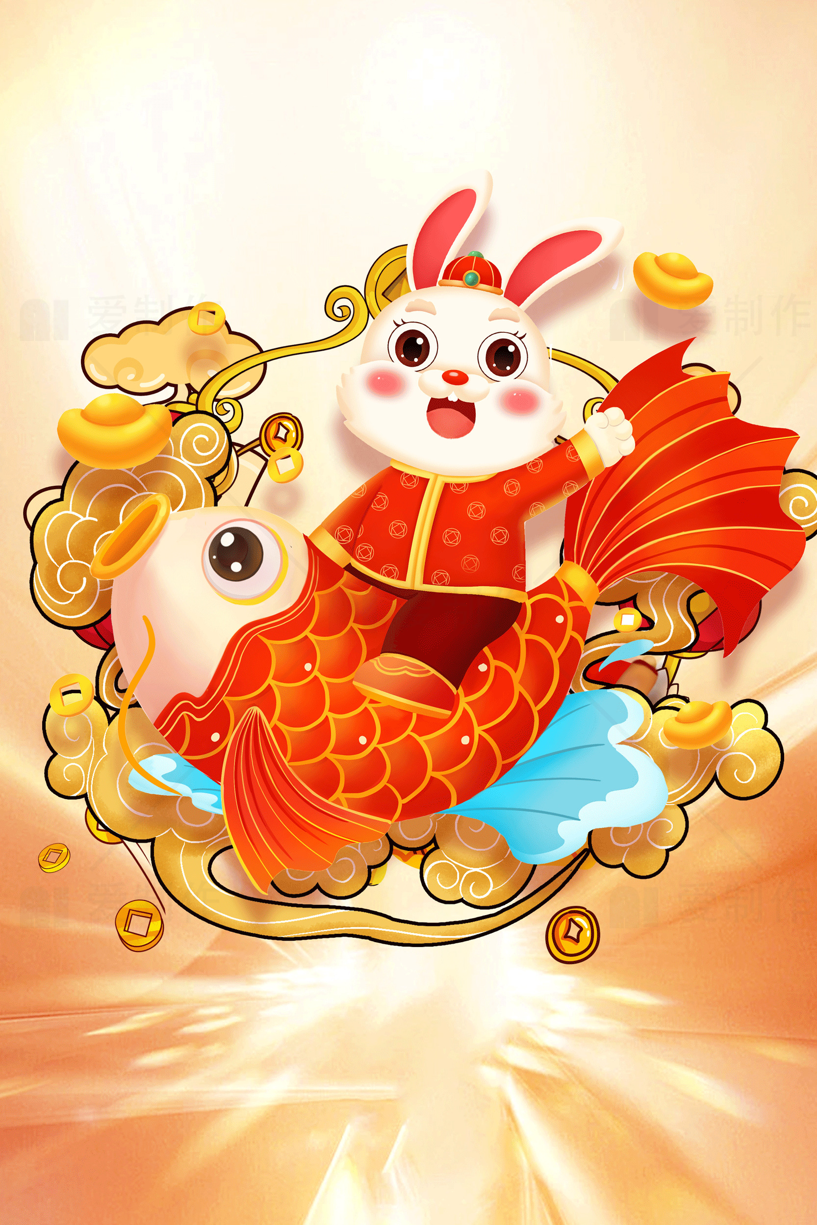 兔年吉祥：金鱼与兔子的艺术插画素材