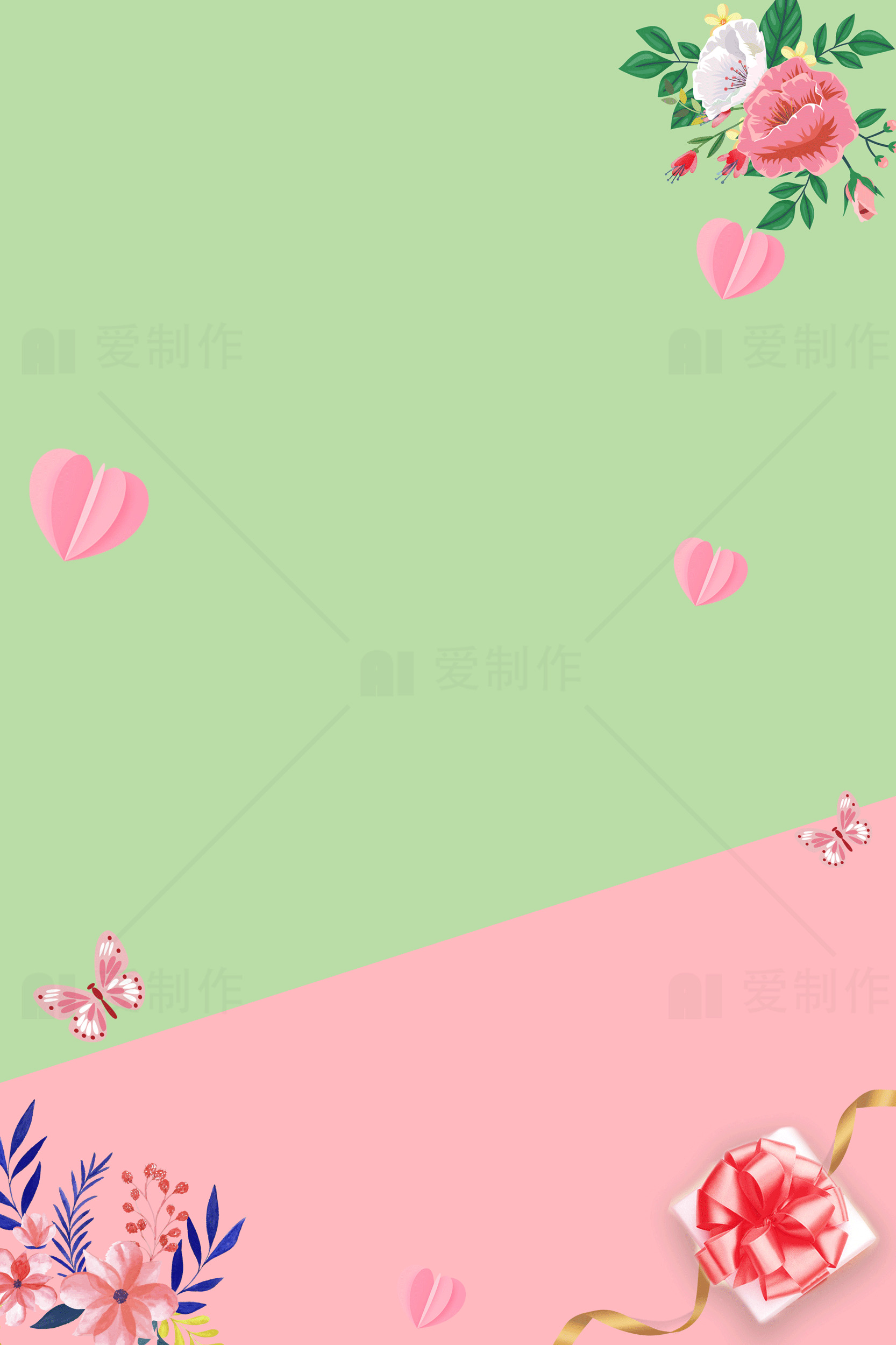 粉绿拼接背景设计：浪漫花卉与蝴蝶元素素材