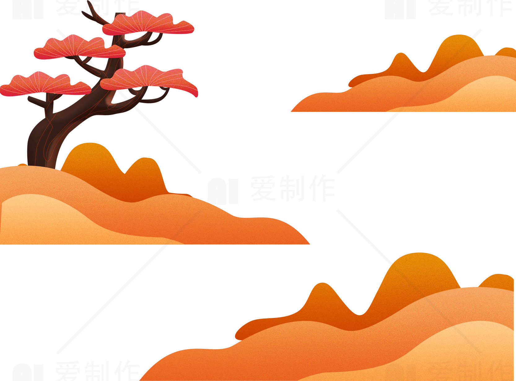 秋季风景插画：红色树与橙色山丘素材