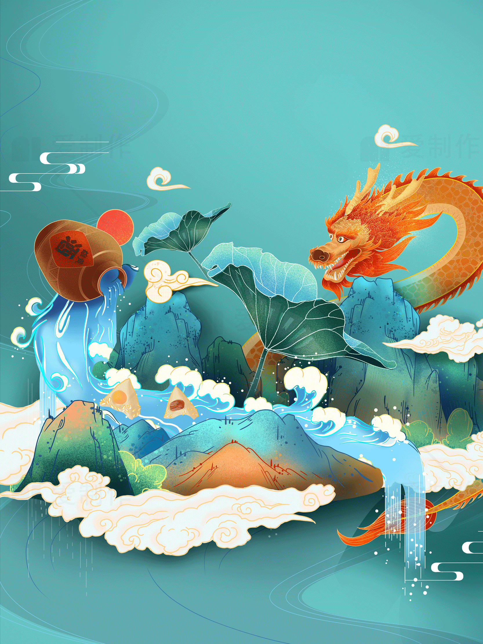 中国风水墨龙与山水画素材