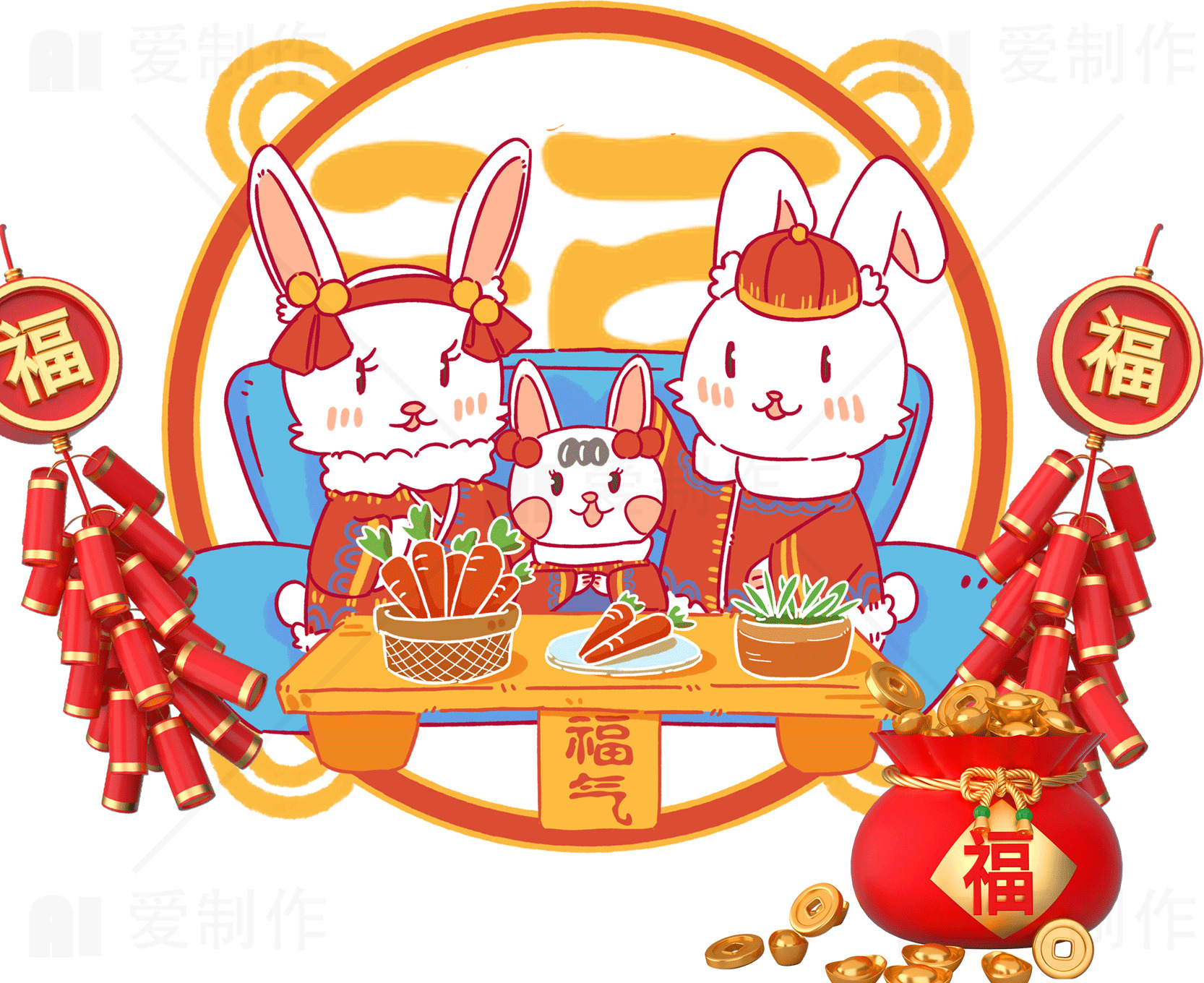 兔年春节家庭团圆插画素材
