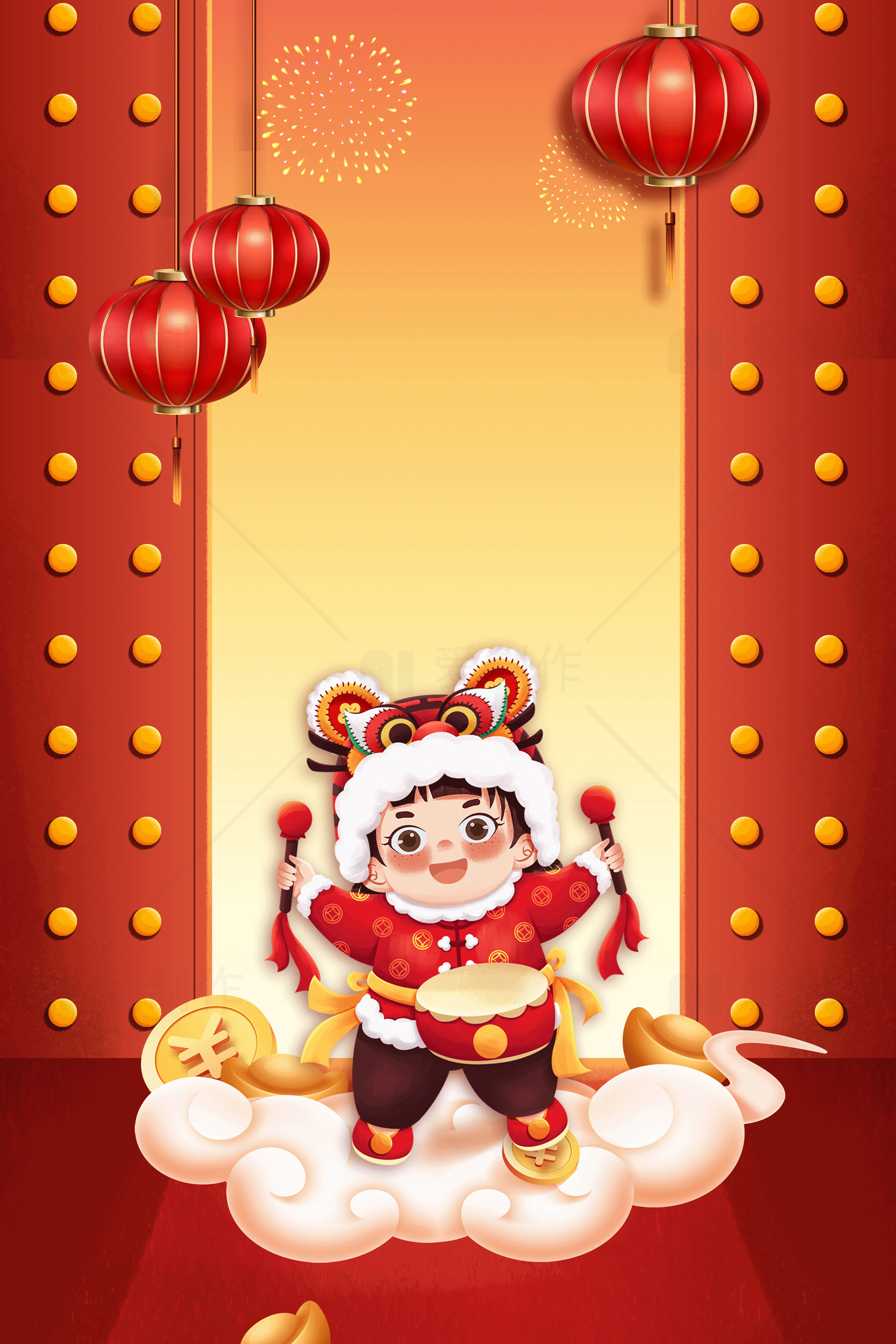 春节庆祝插画：可爱小孩与灯笼素材