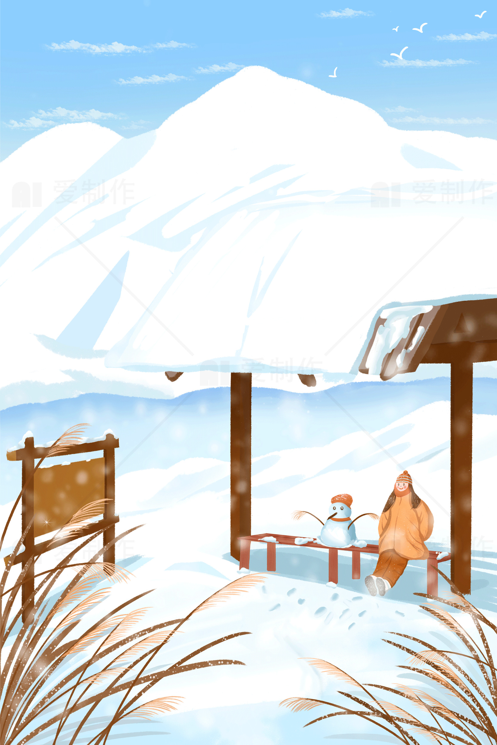 冬季雪景插画：宁静的雪人和小屋素材