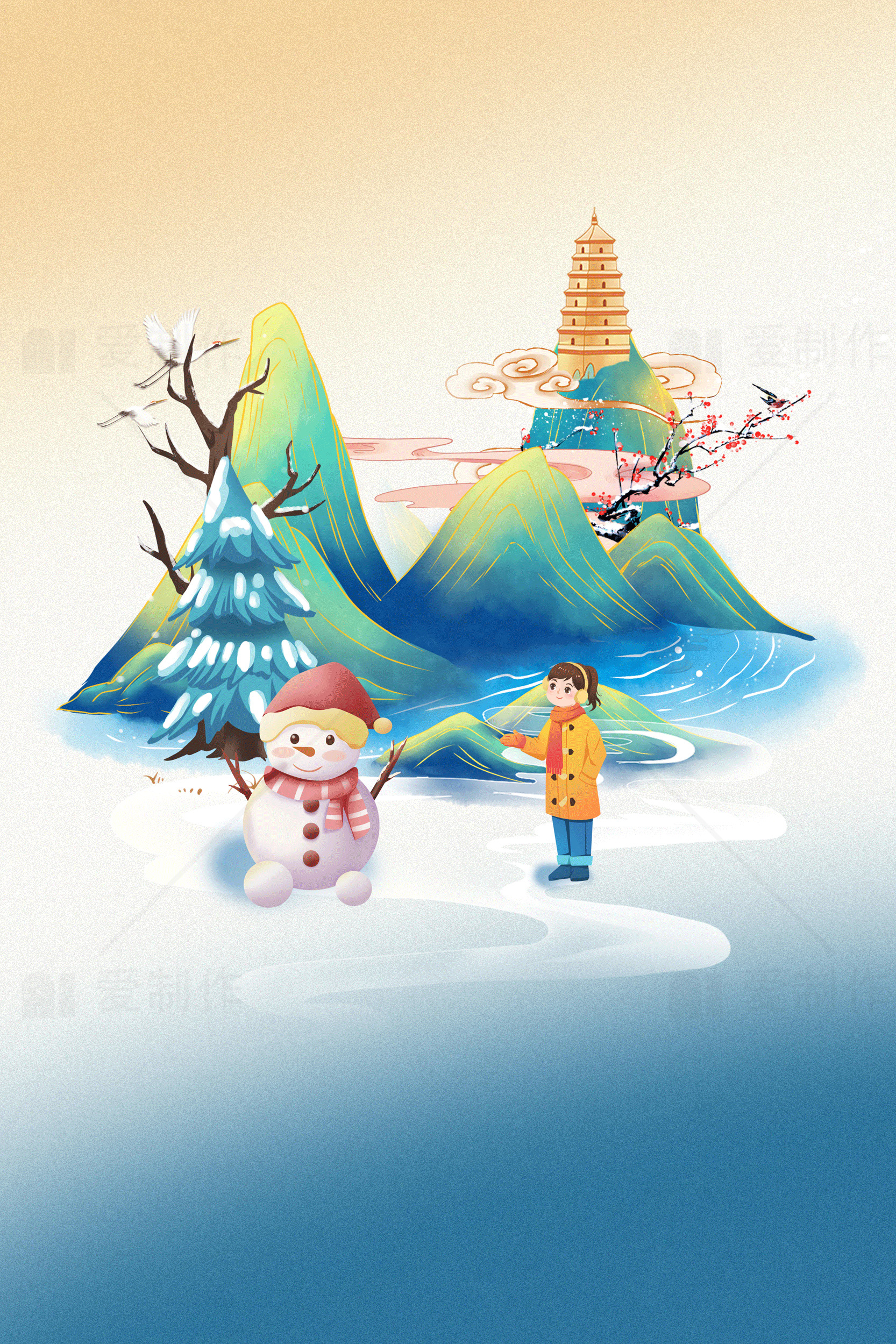冬季山水插画：雪人和孩子的奇幻旅程素材