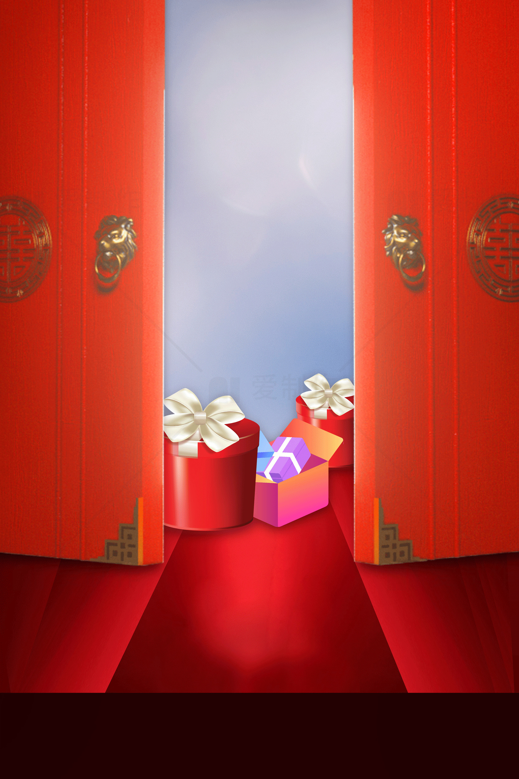 节日礼物与红色门背景图片素材
