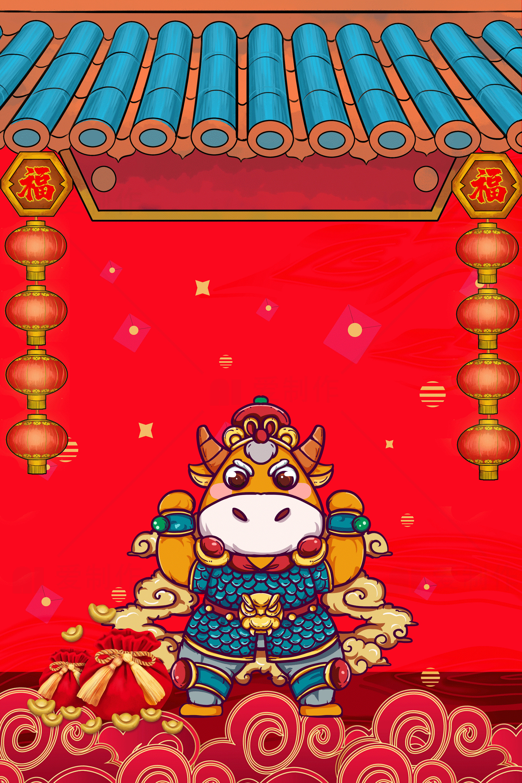 喜庆牛年大门口卡通红色背景设计素材