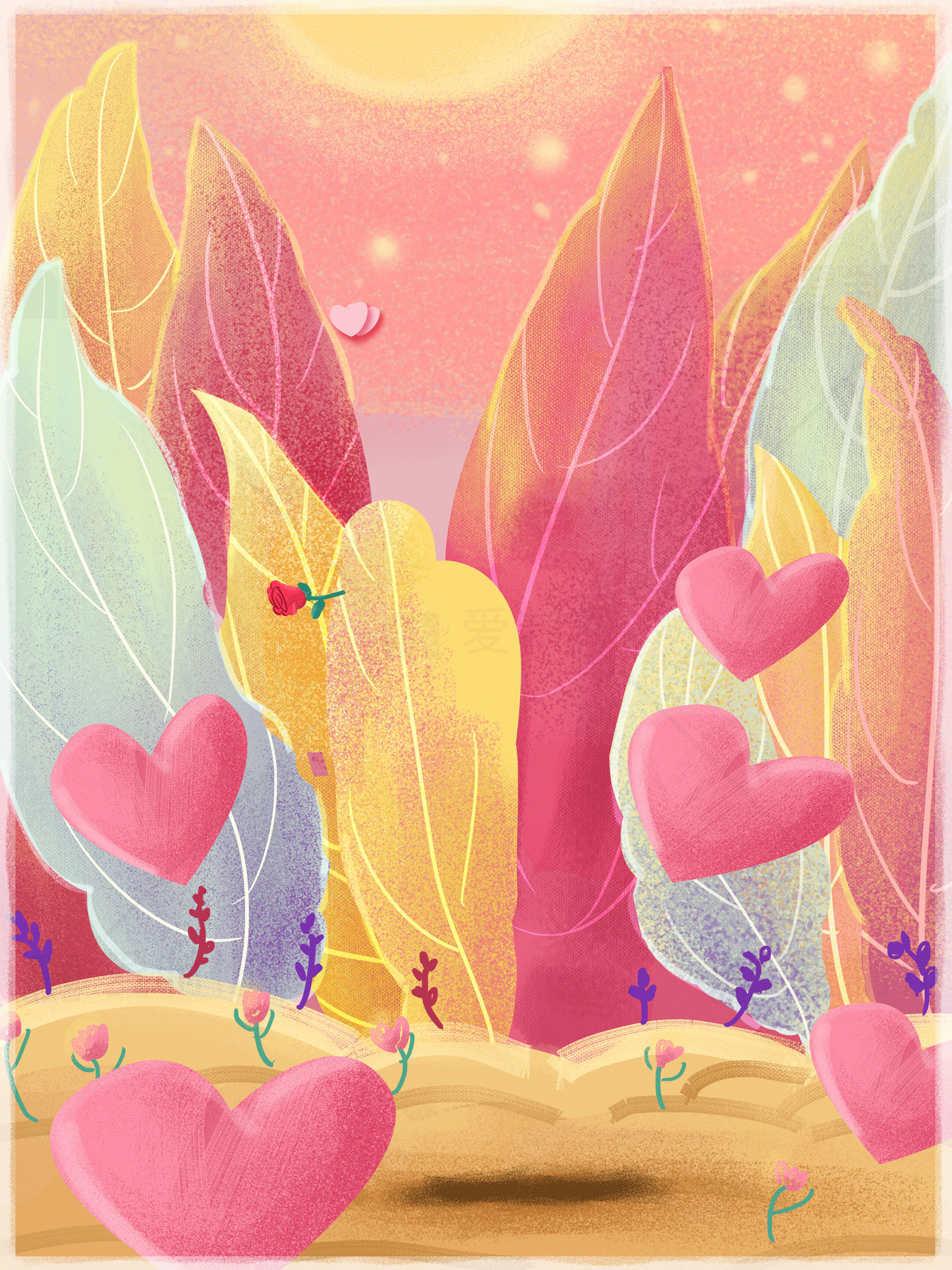 浪漫心形森林插画背景素材