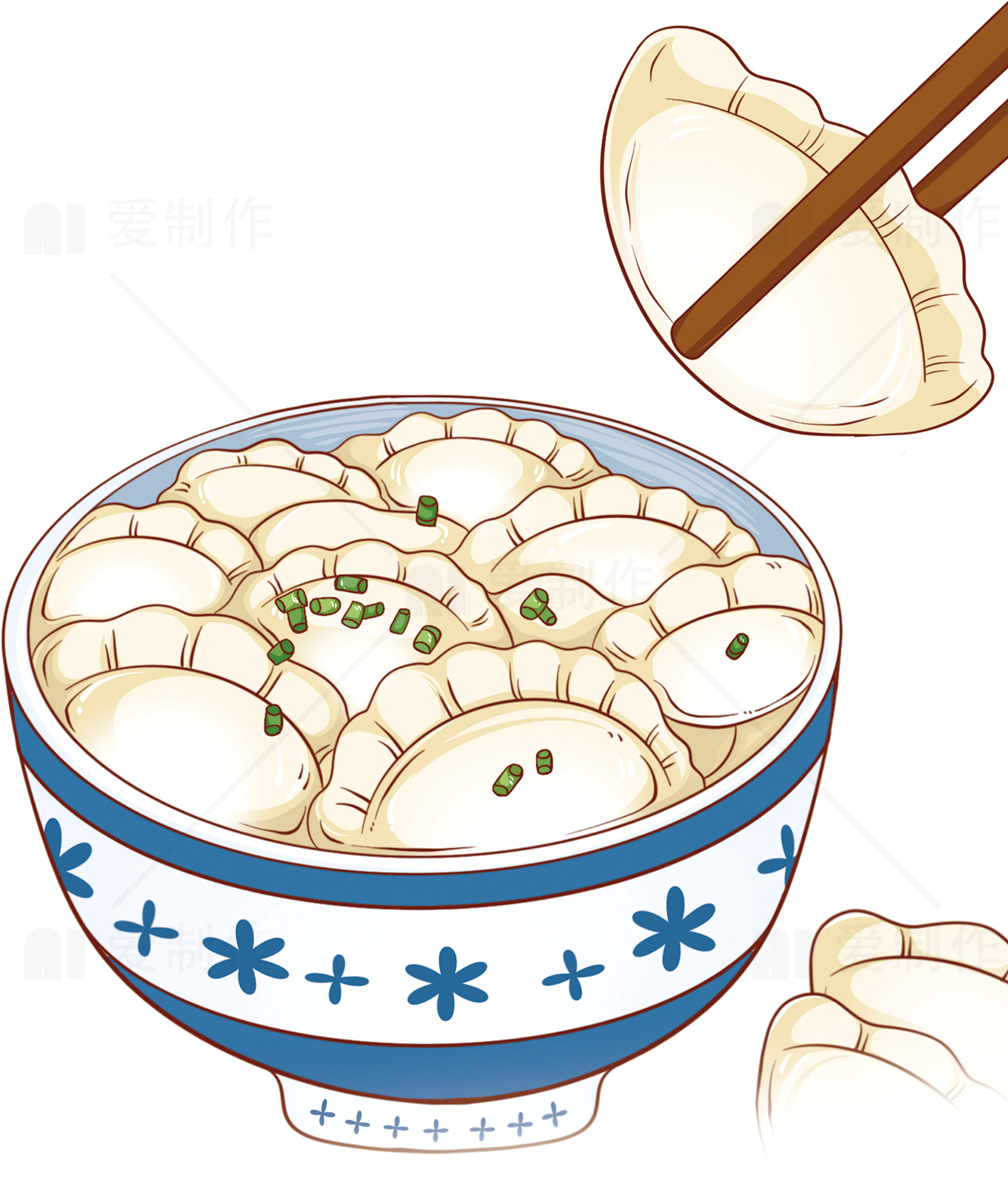 美味水饺插画：传统中式美食艺术素材