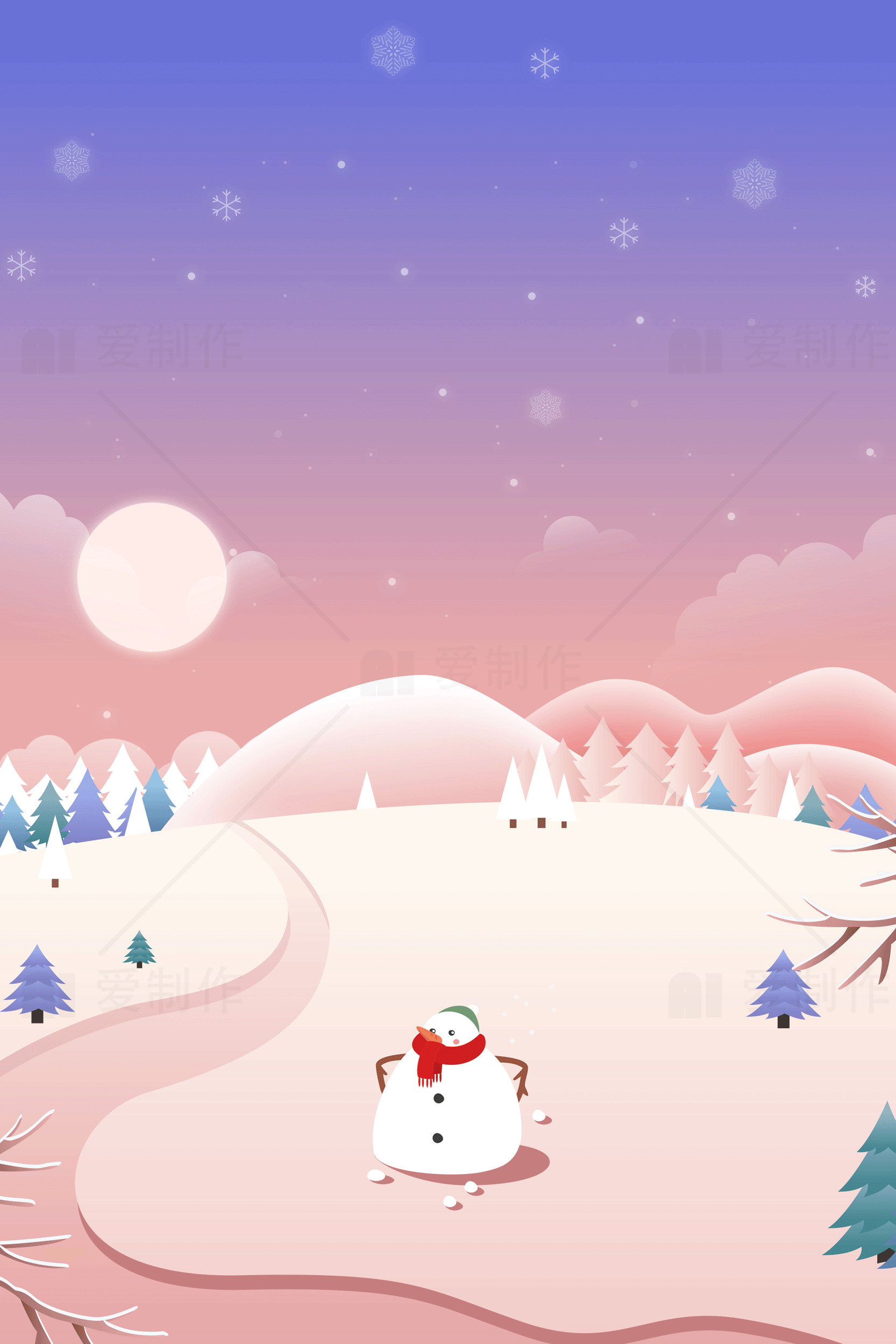 冬季雪人插画背景 | 冬日风景壁纸素材