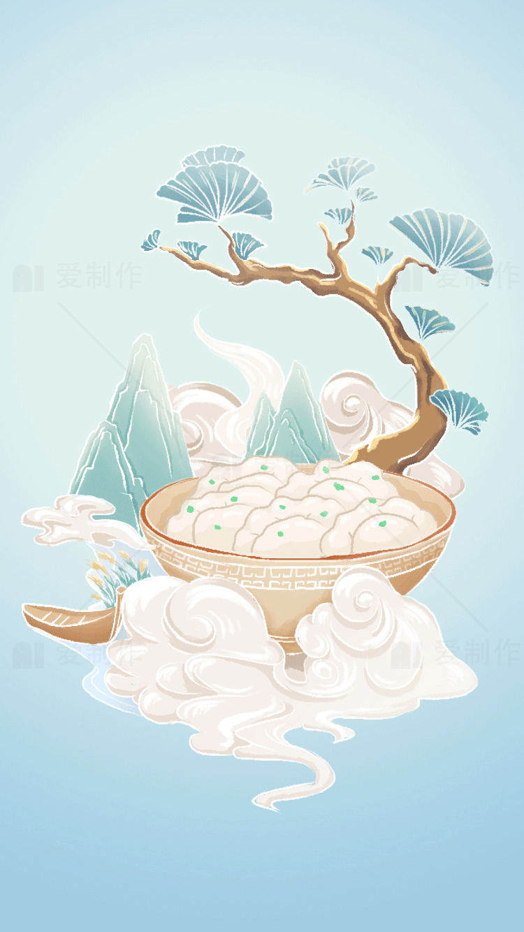 古风美食插画：云雾中的中式美食素材