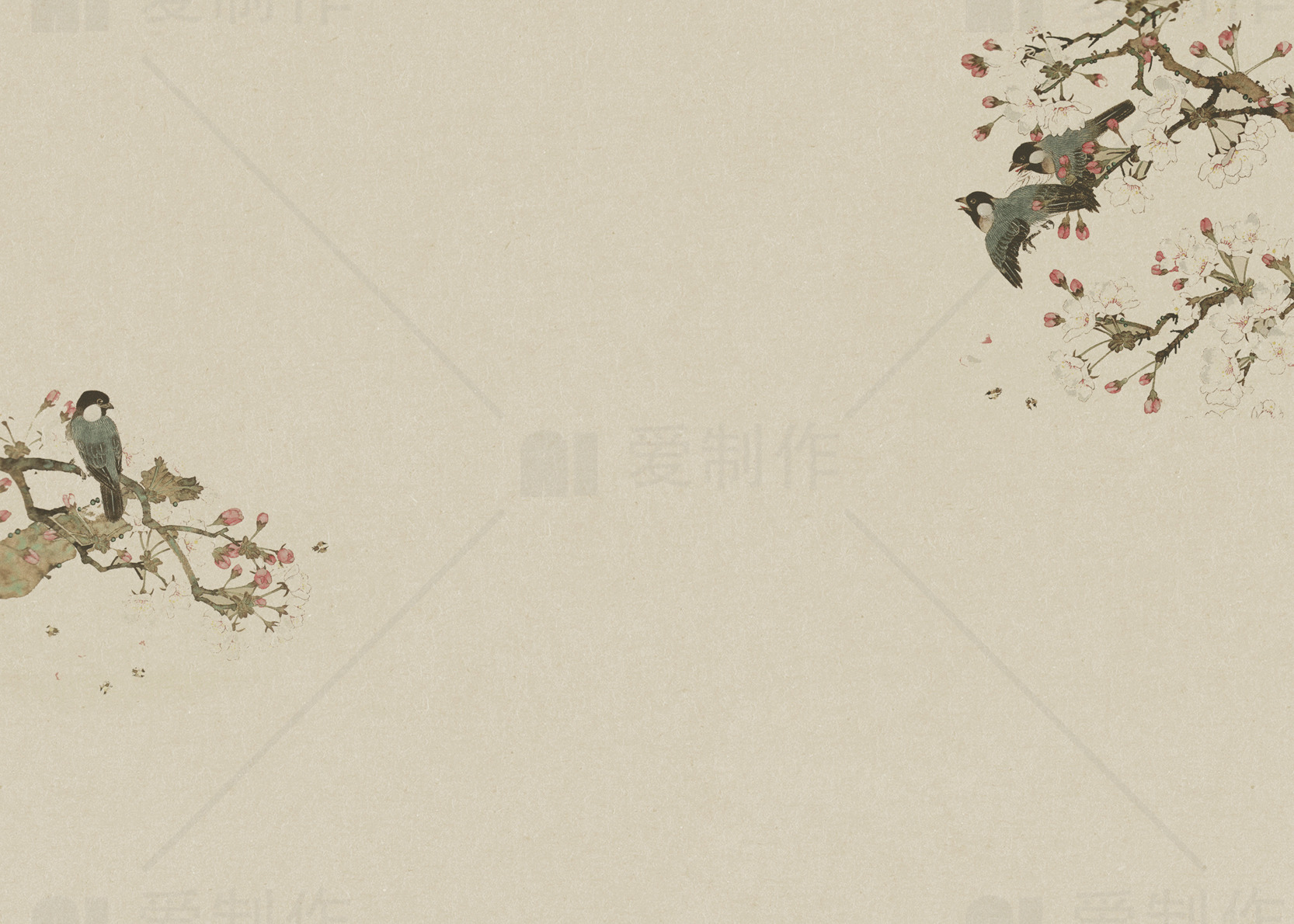 中国风水墨画鸟与花枝素材