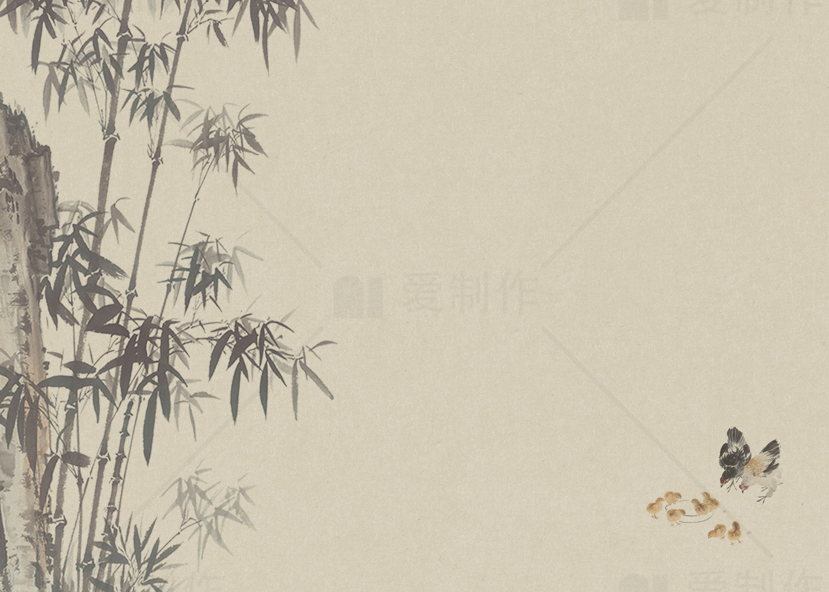 中国传统水墨画竹子与小鸟素材