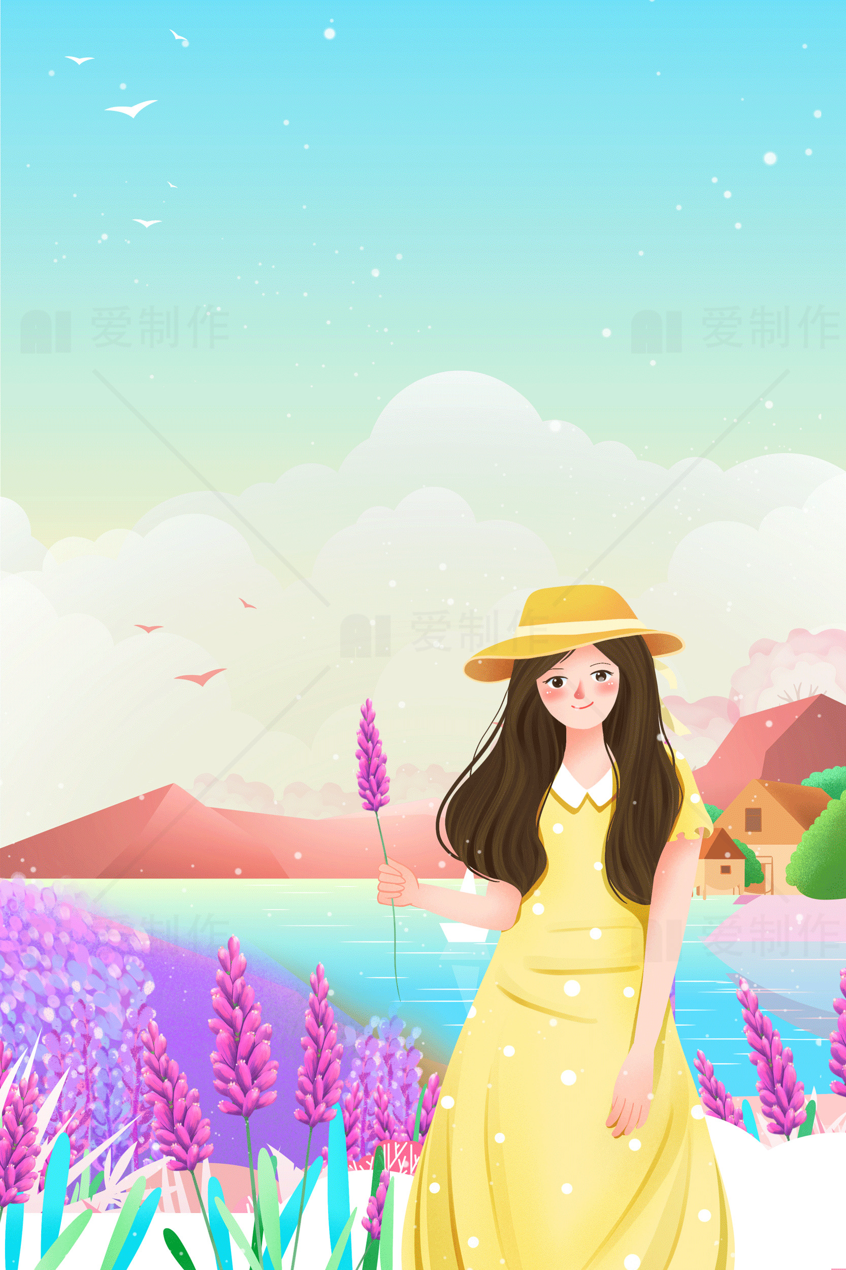夏日田园风光插画：女孩与薰衣草花田素材