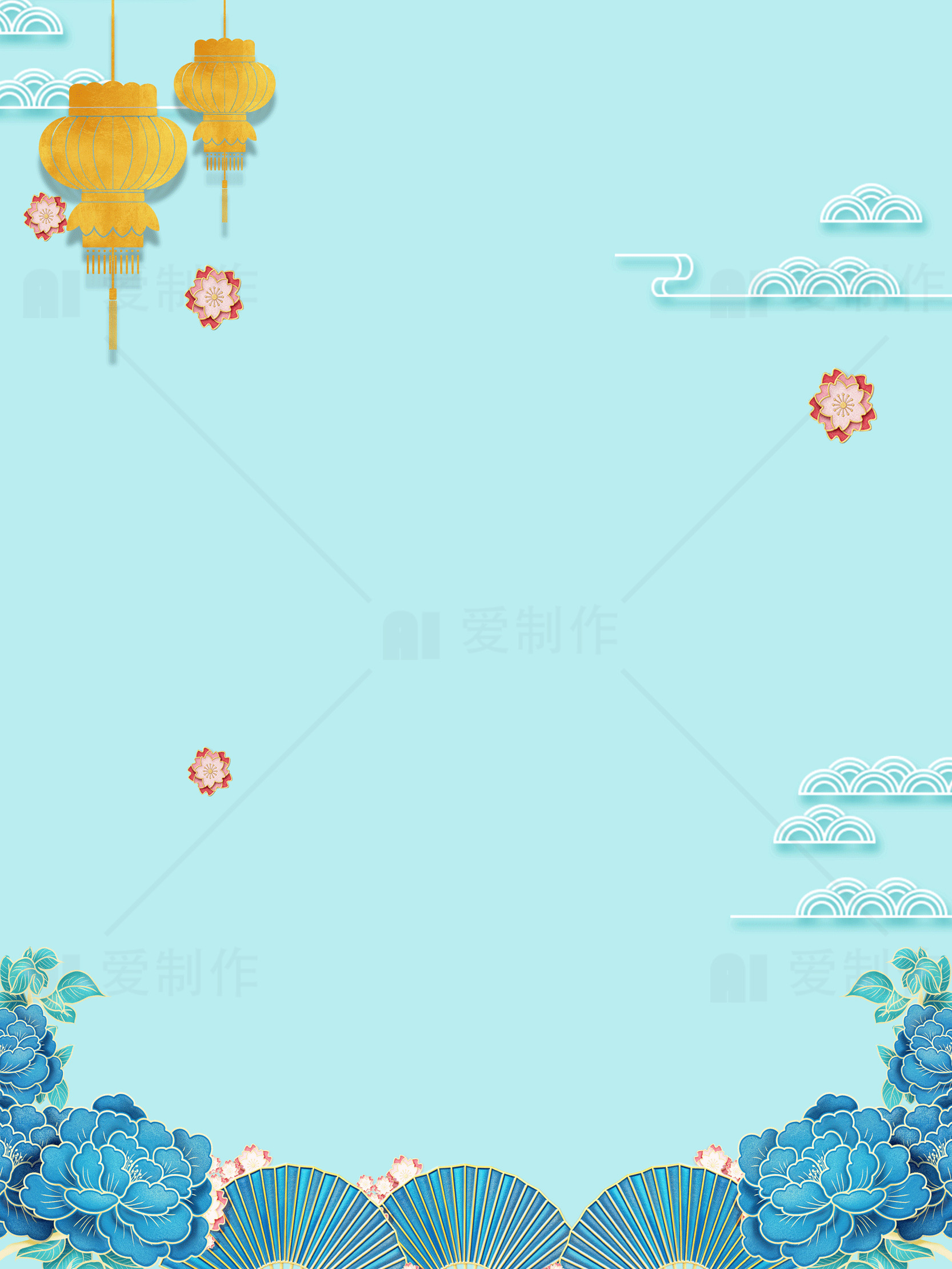 中国风背景图片：蓝色花卉与灯笼装饰素材