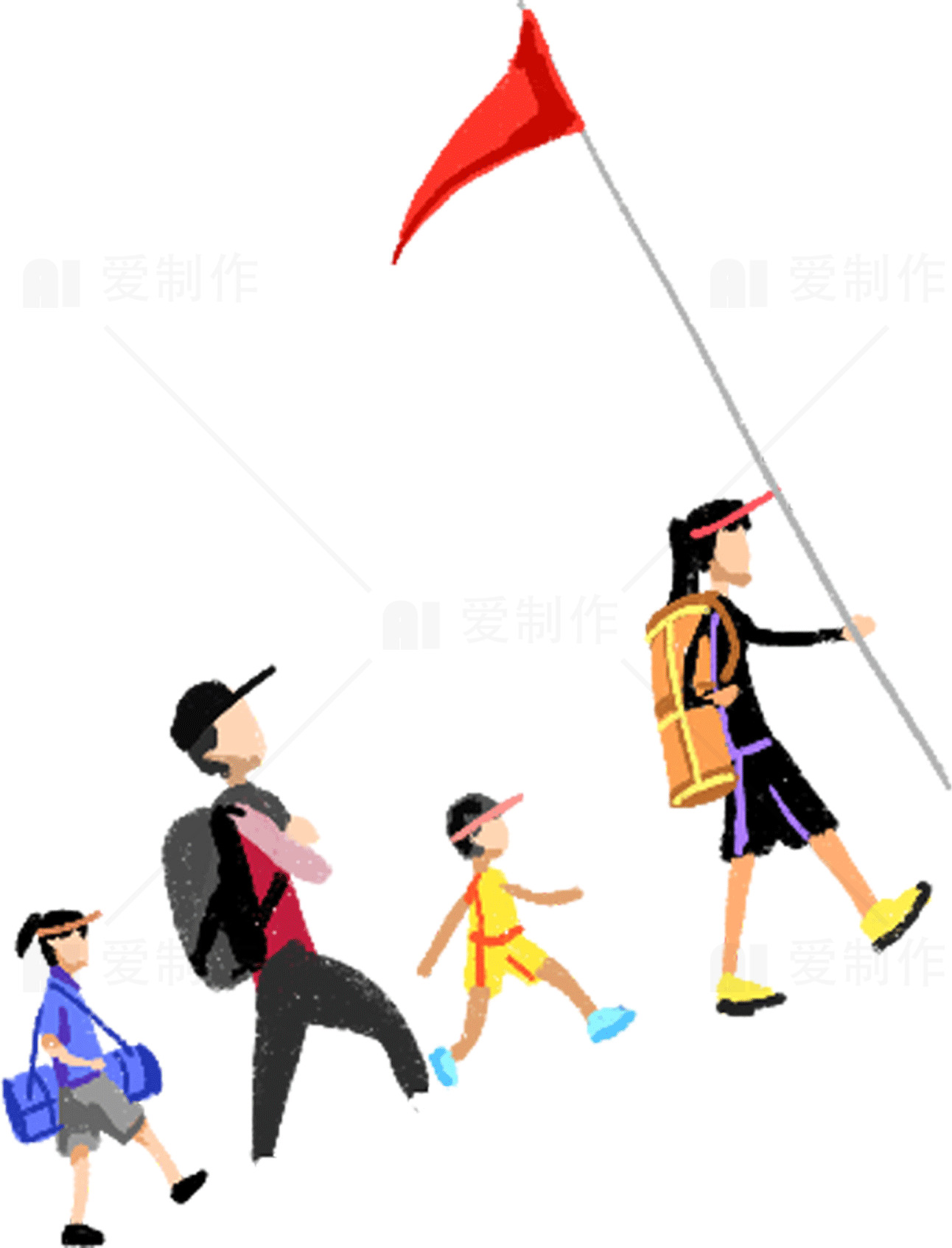 家庭徒步旅行插画：亲子户外活动素材