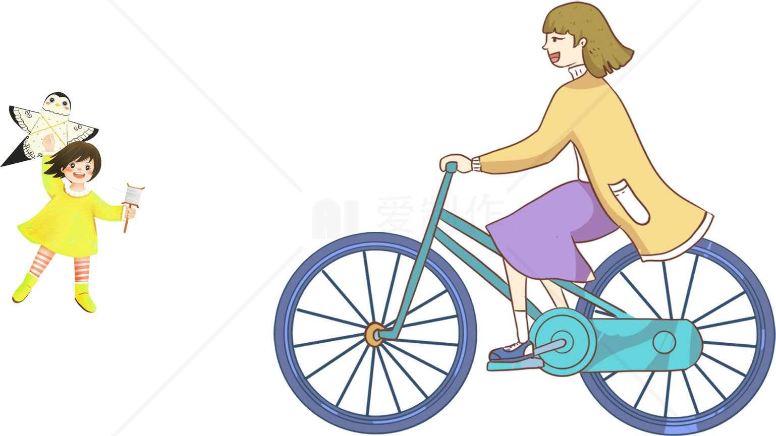 母女骑行与玩耍的温馨时刻插画素材