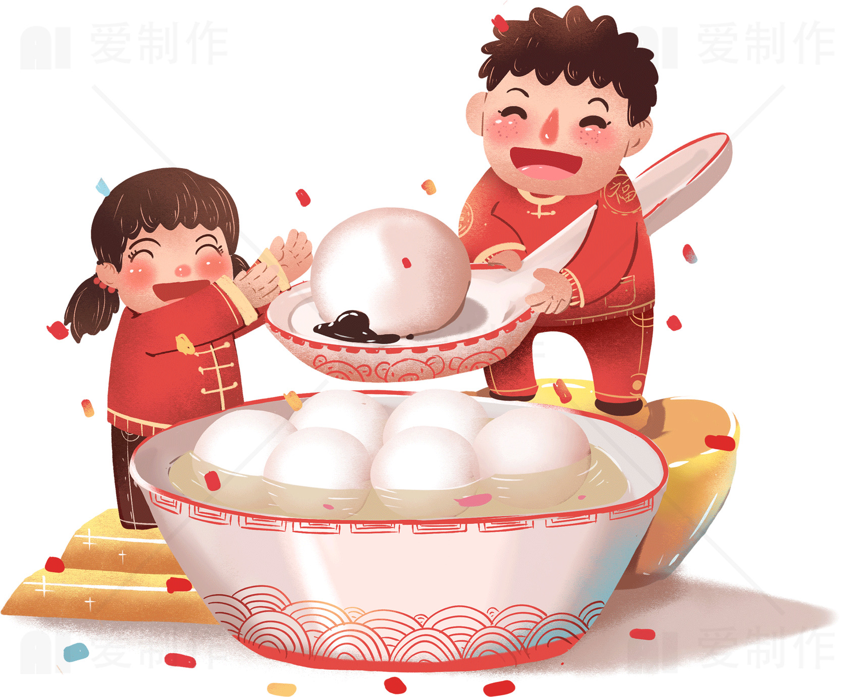 元宵节庆祝活动插画：孩子们分享汤圆的快乐时光素材