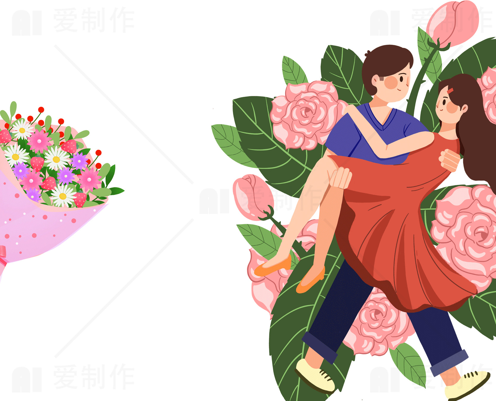 浪漫情侣插画与花束设计素材