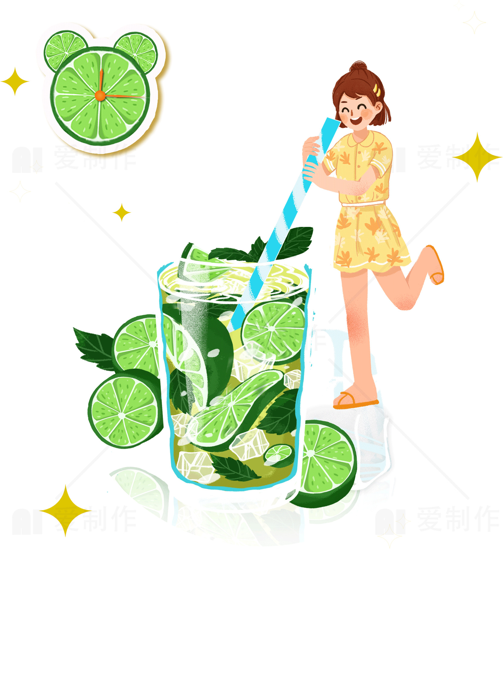 夏日清凉饮品：青柠薄荷水插画素材